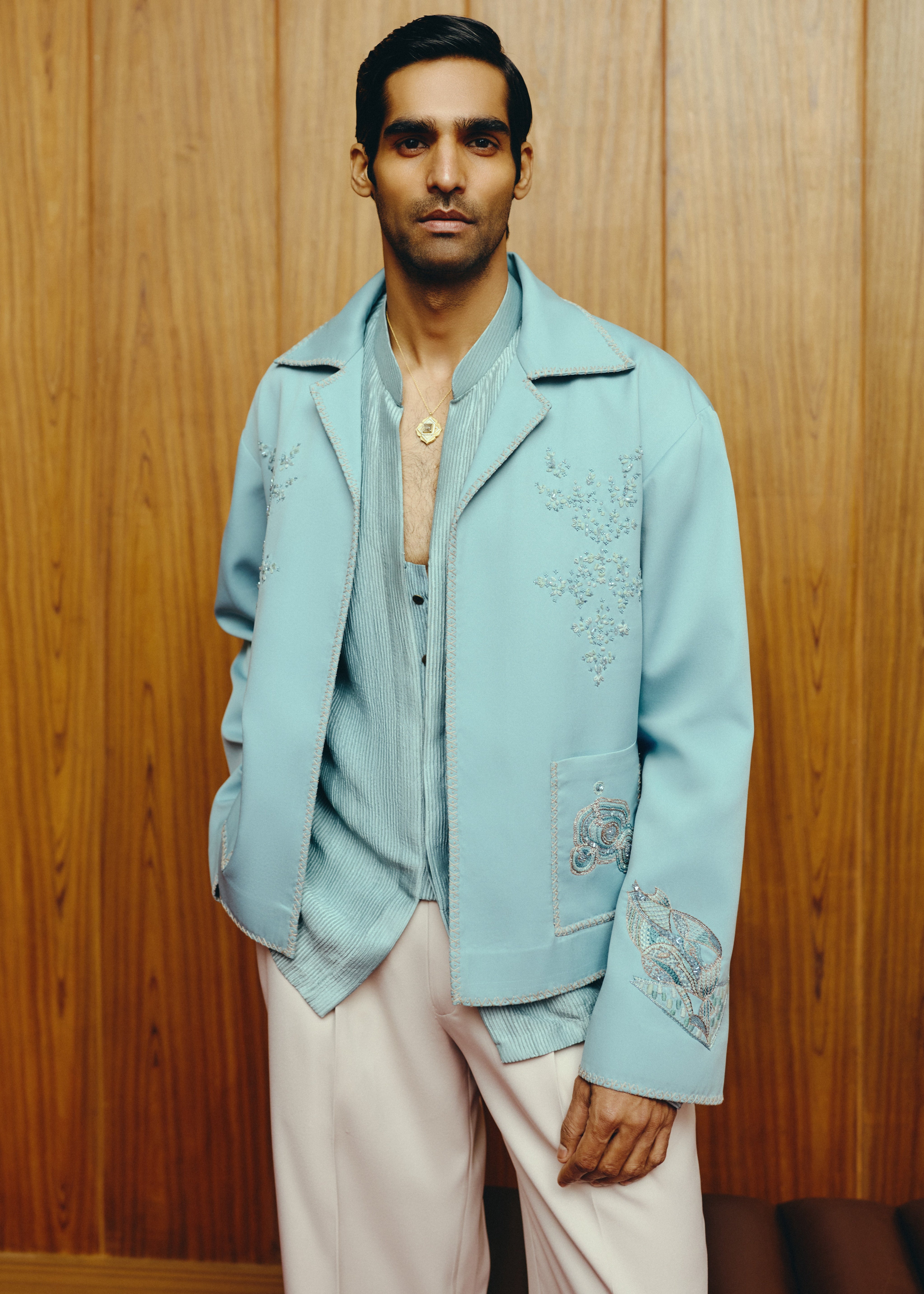 Arctic Elegance Open Jacket And Shirt With Trouser Set