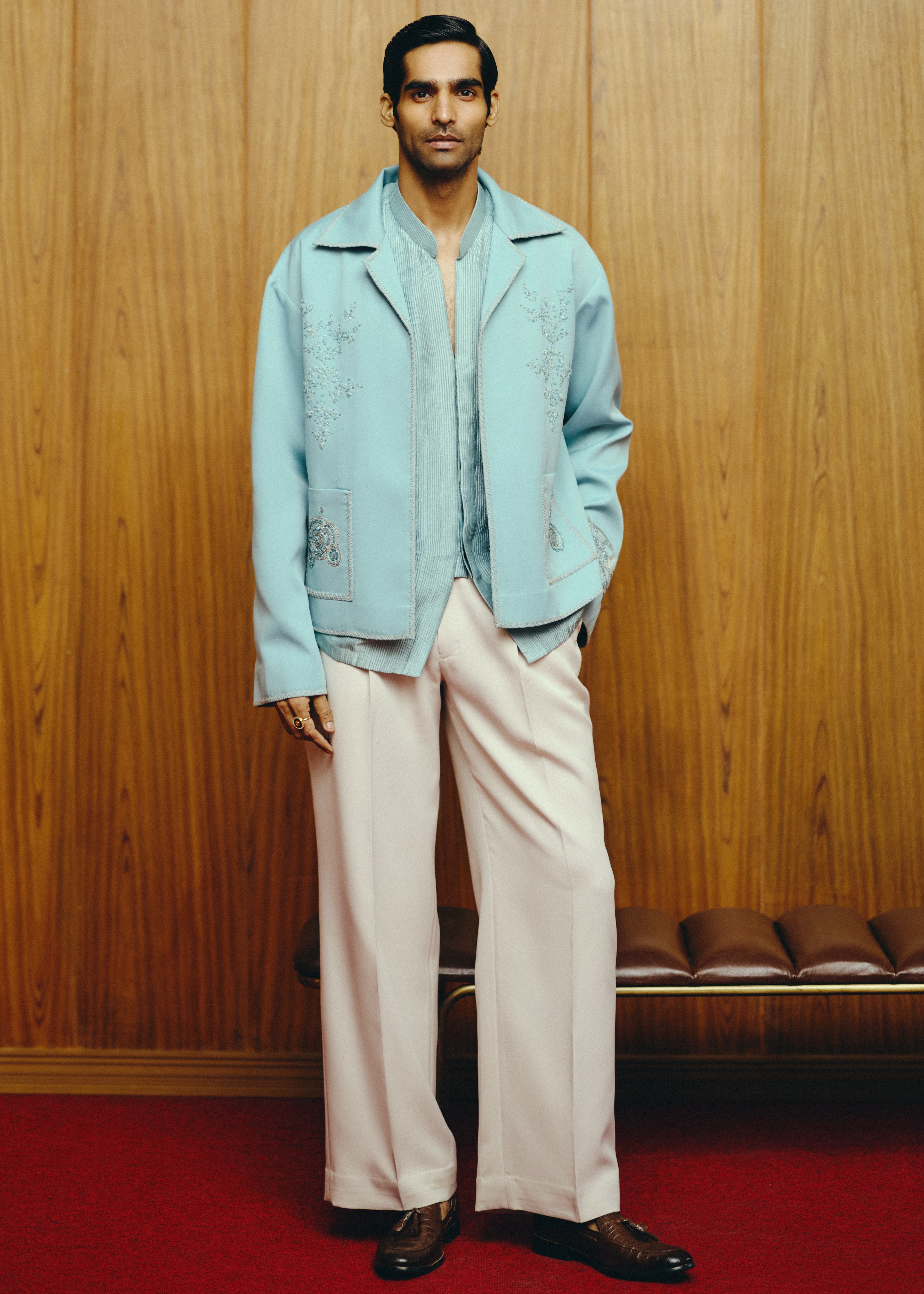 Arctic Elegance Open Jacket And Shirt With Trouser Set