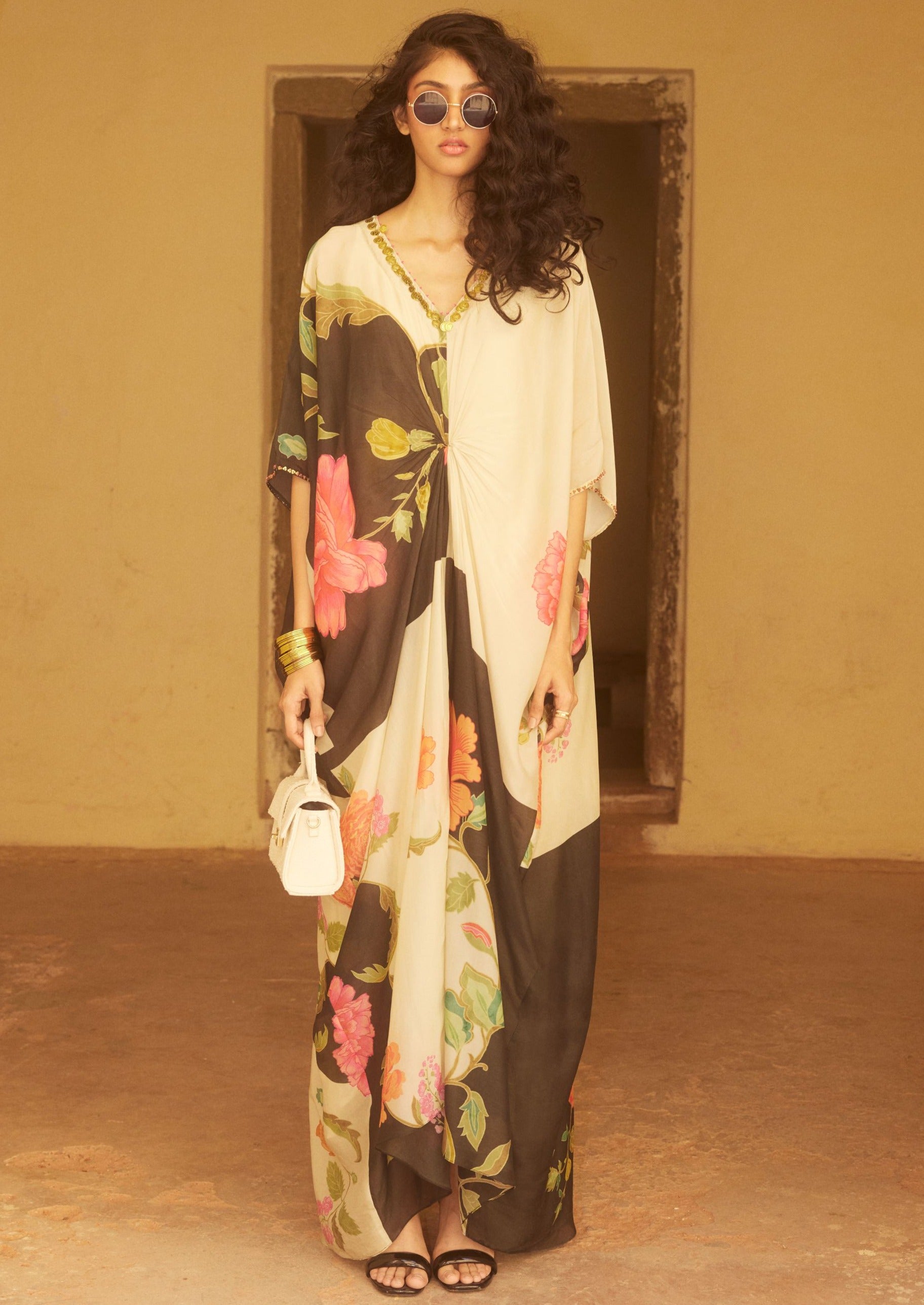 Black Floral Print Kaftan
