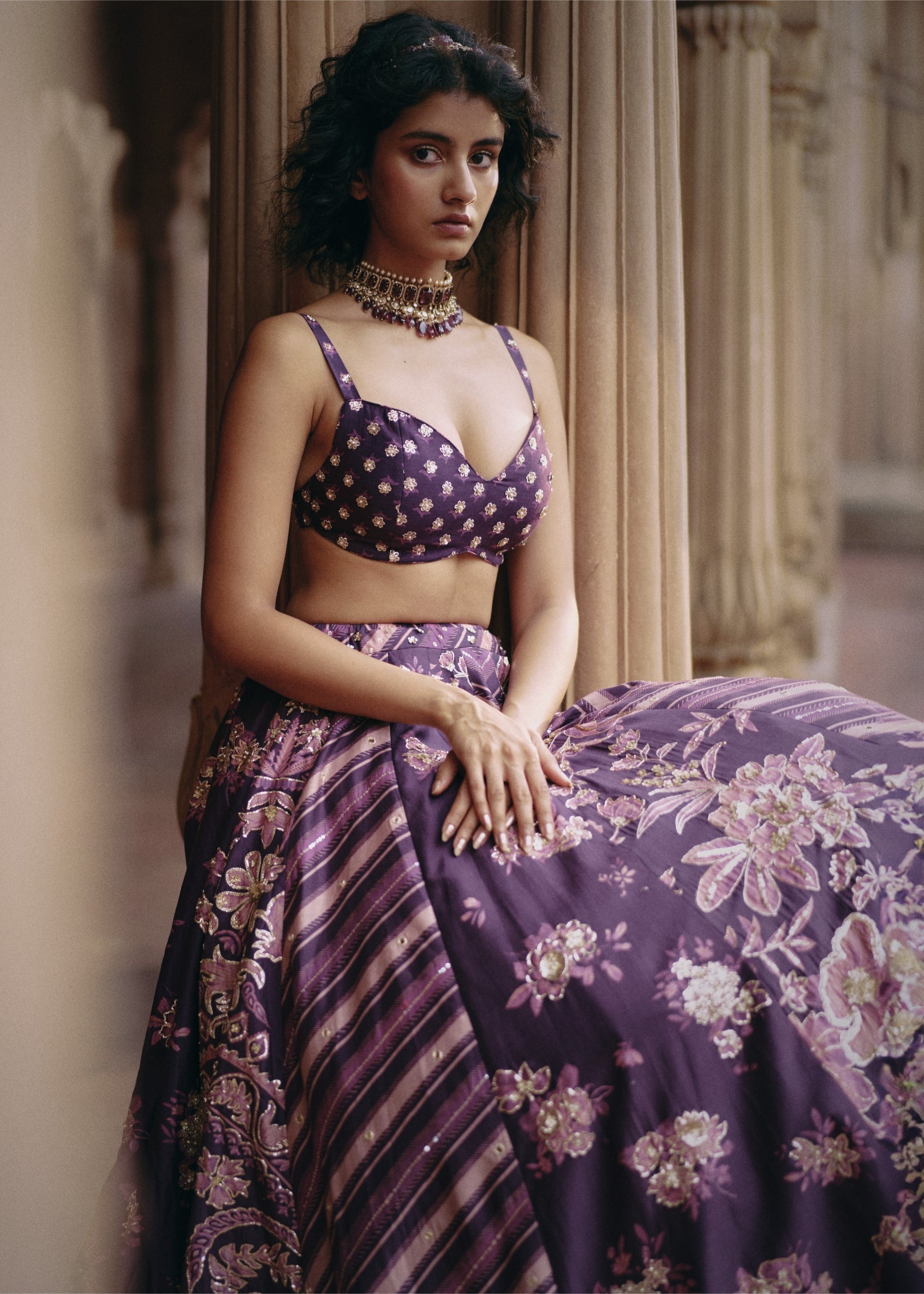 Plum Multi Print Floral Lehenga Set
