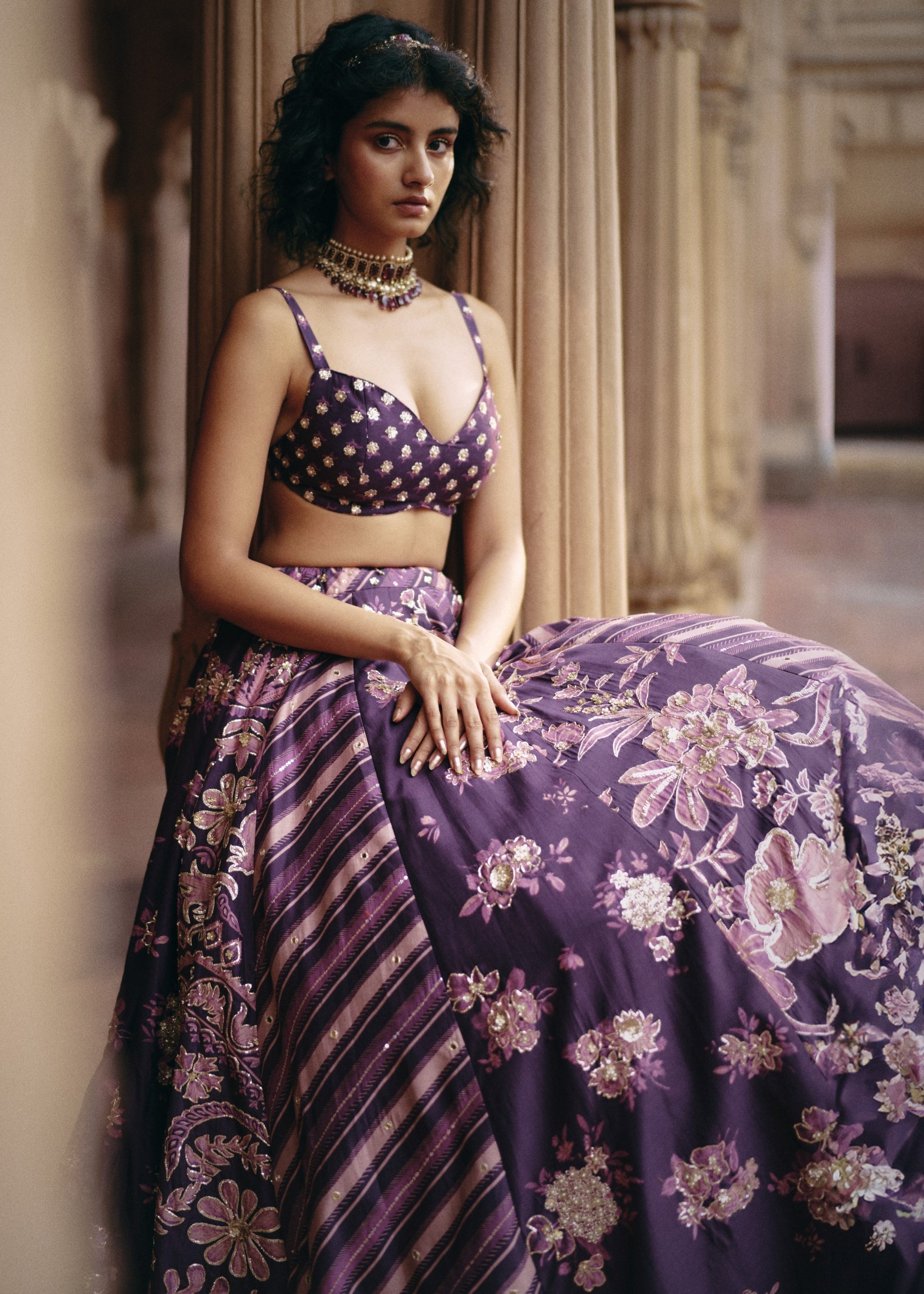 Plum Multi Print Floral Lehenga Set