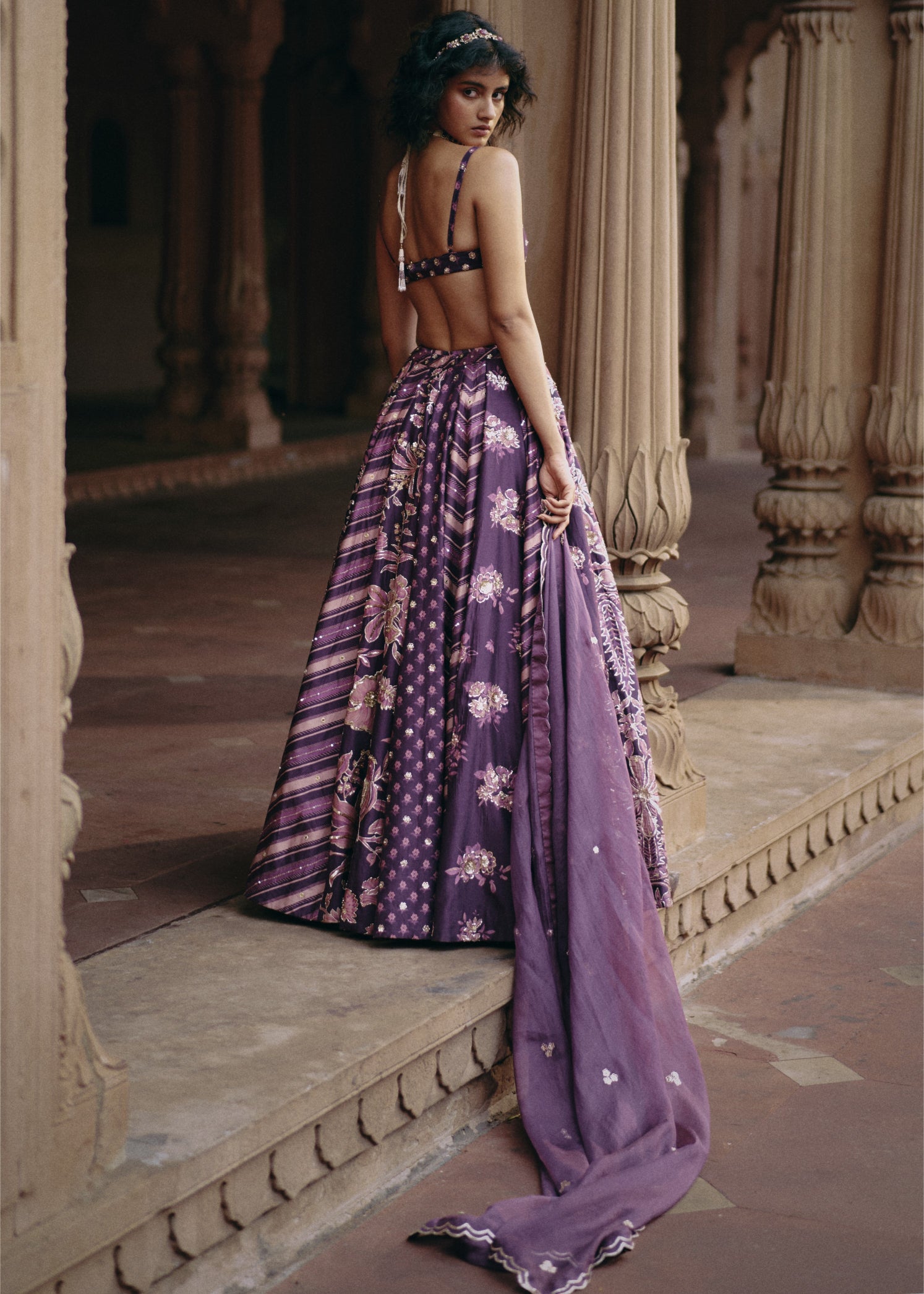Plum Multi Print Floral Lehenga Set