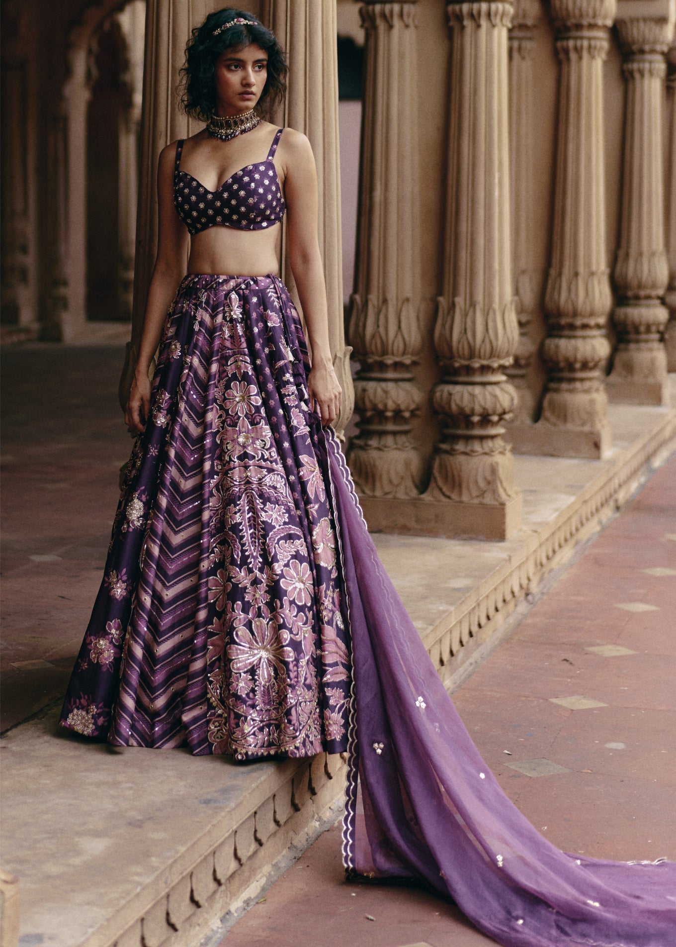Plum Multi Print Floral Lehenga Set
