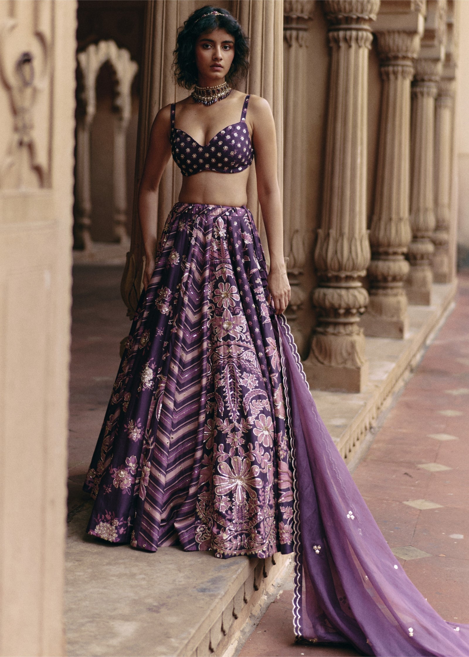 Plum Multi Print Floral Lehenga Set