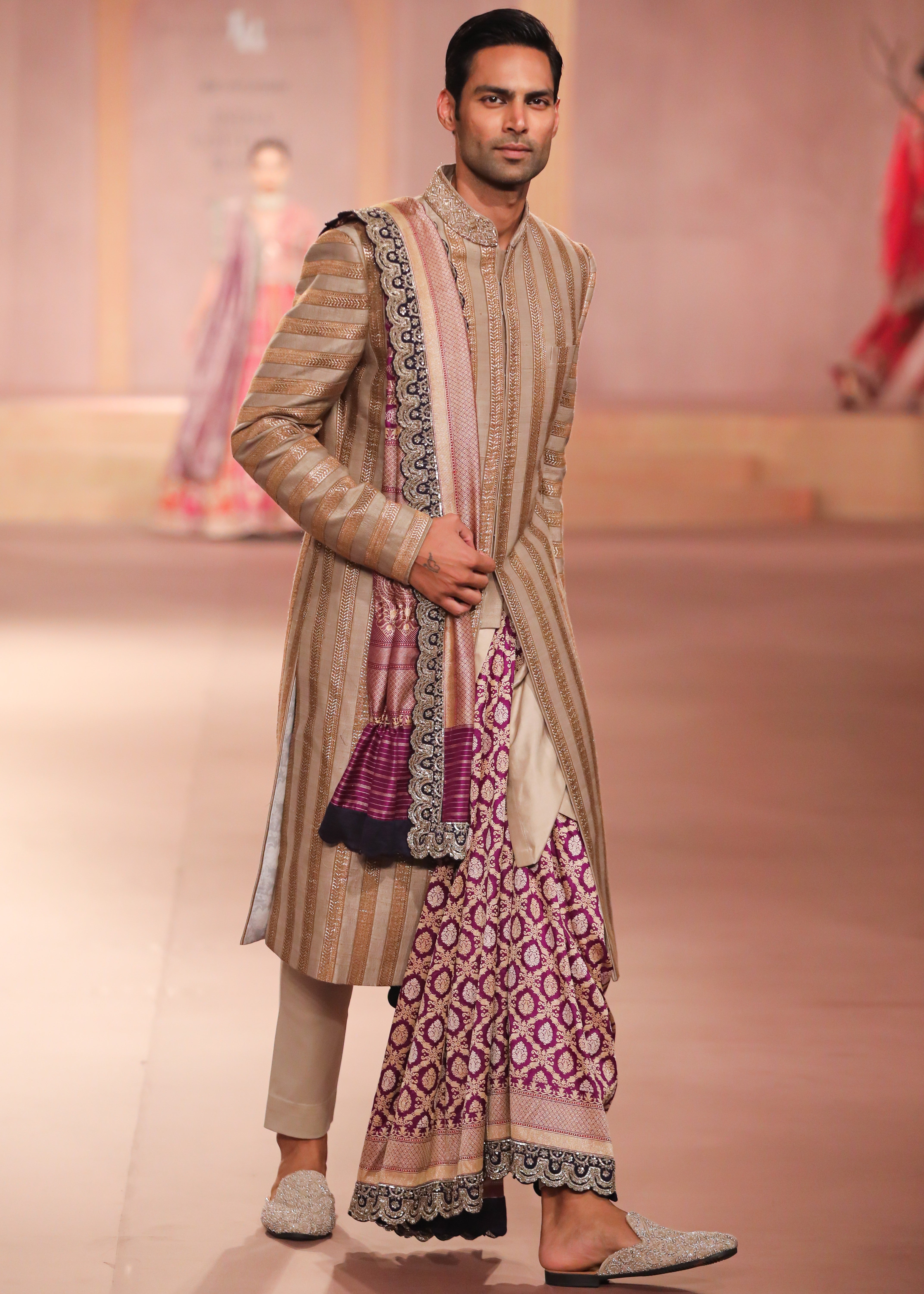 Beige Gold Raw Silk Sherwani Set