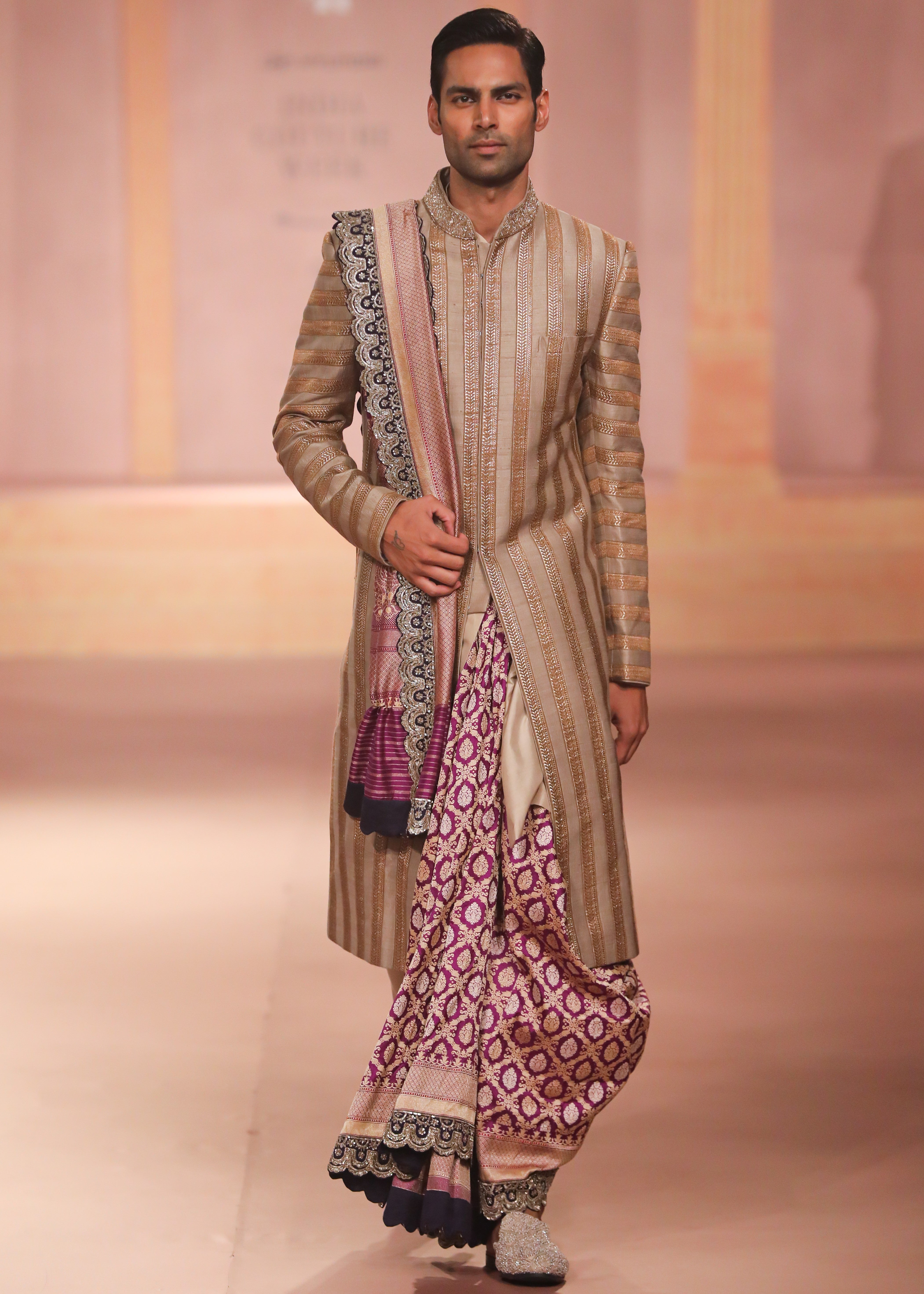 Beige Gold Raw Silk Sherwani Set