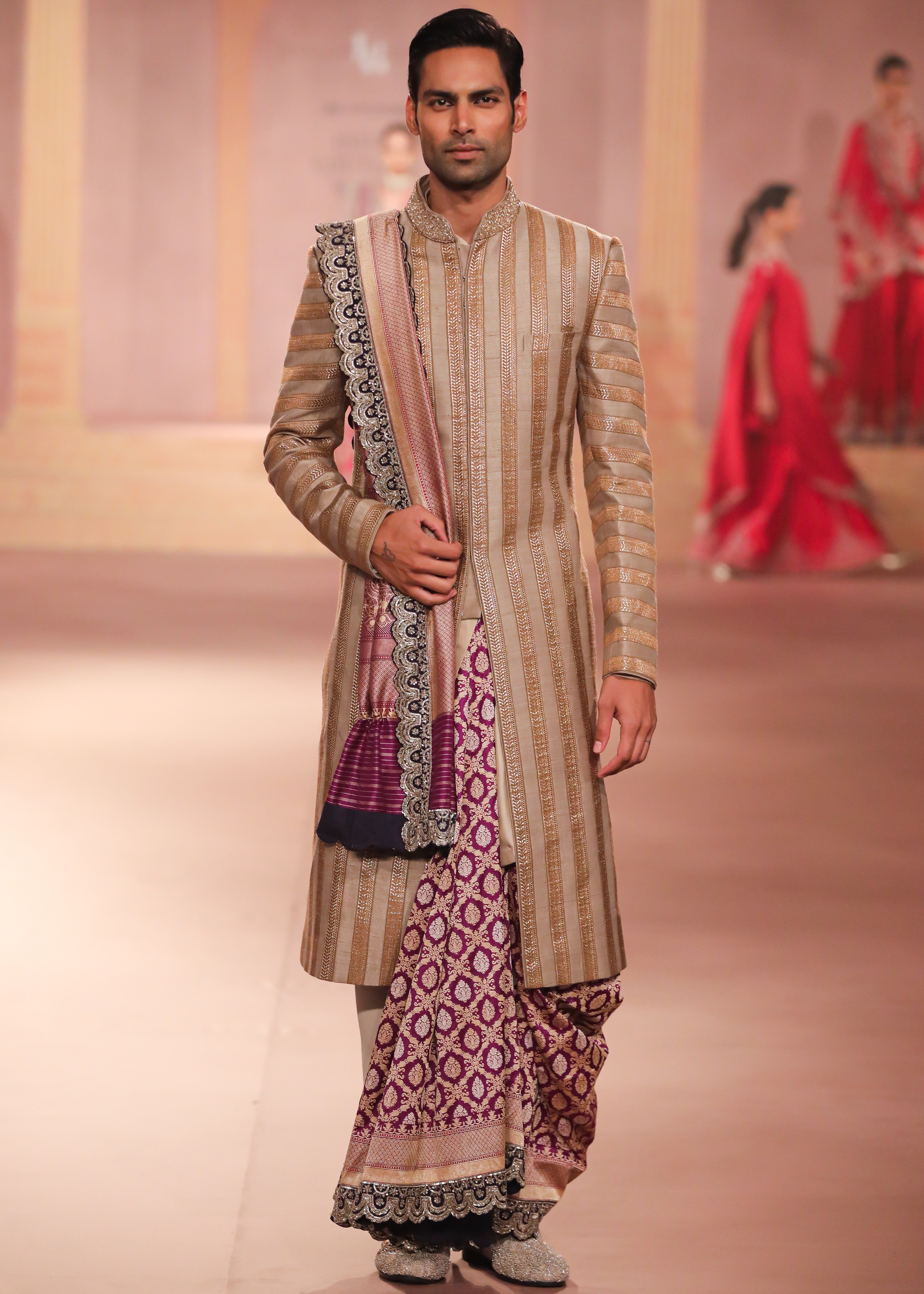Beige Gold Raw Silk Sherwani Set