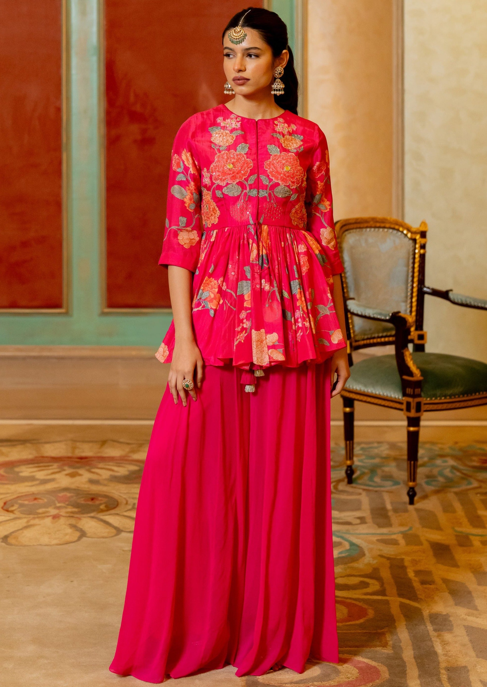 Blooming Pink Floral Printed Peplum Set