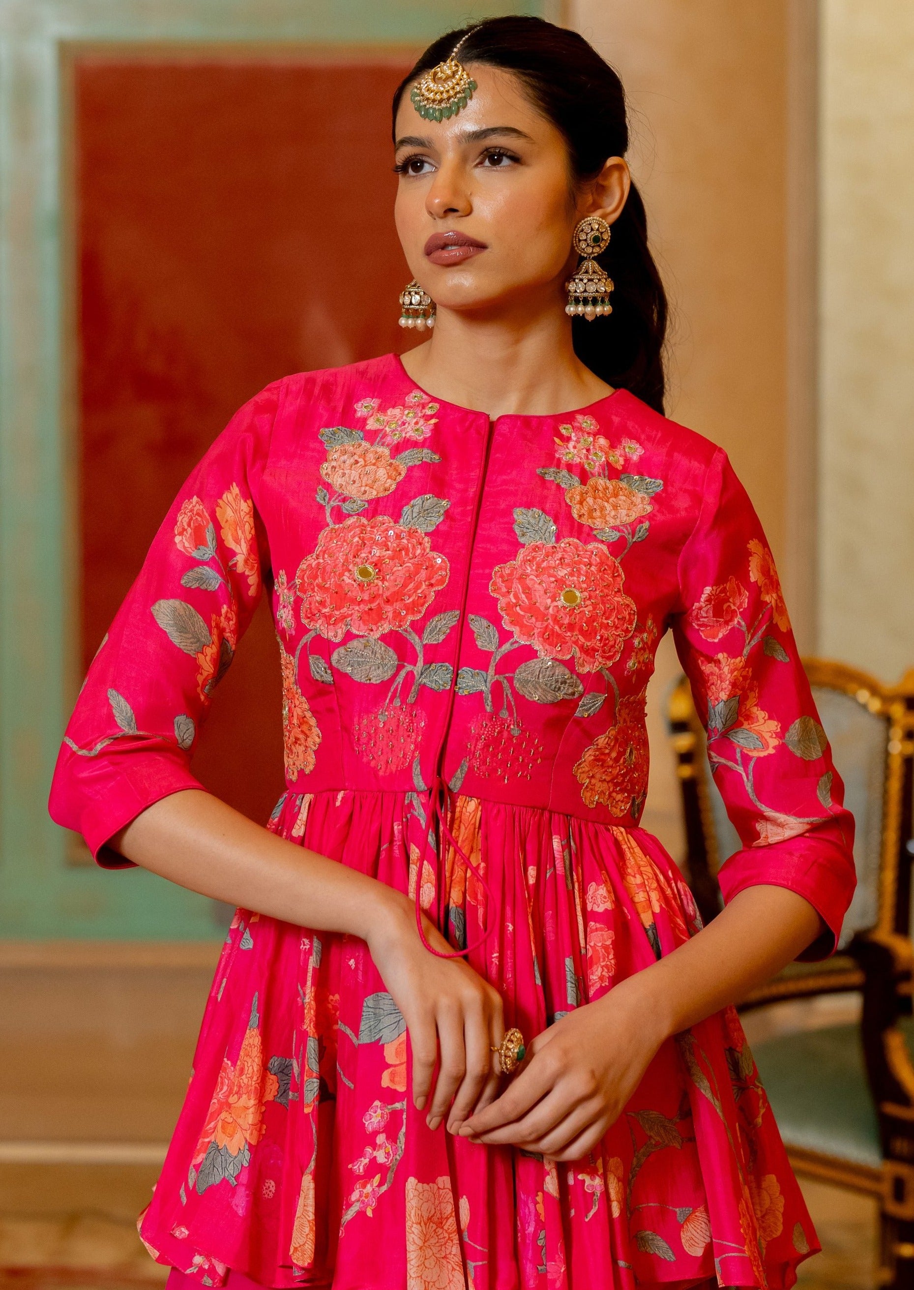 Blooming Pink Floral Printed Peplum Set