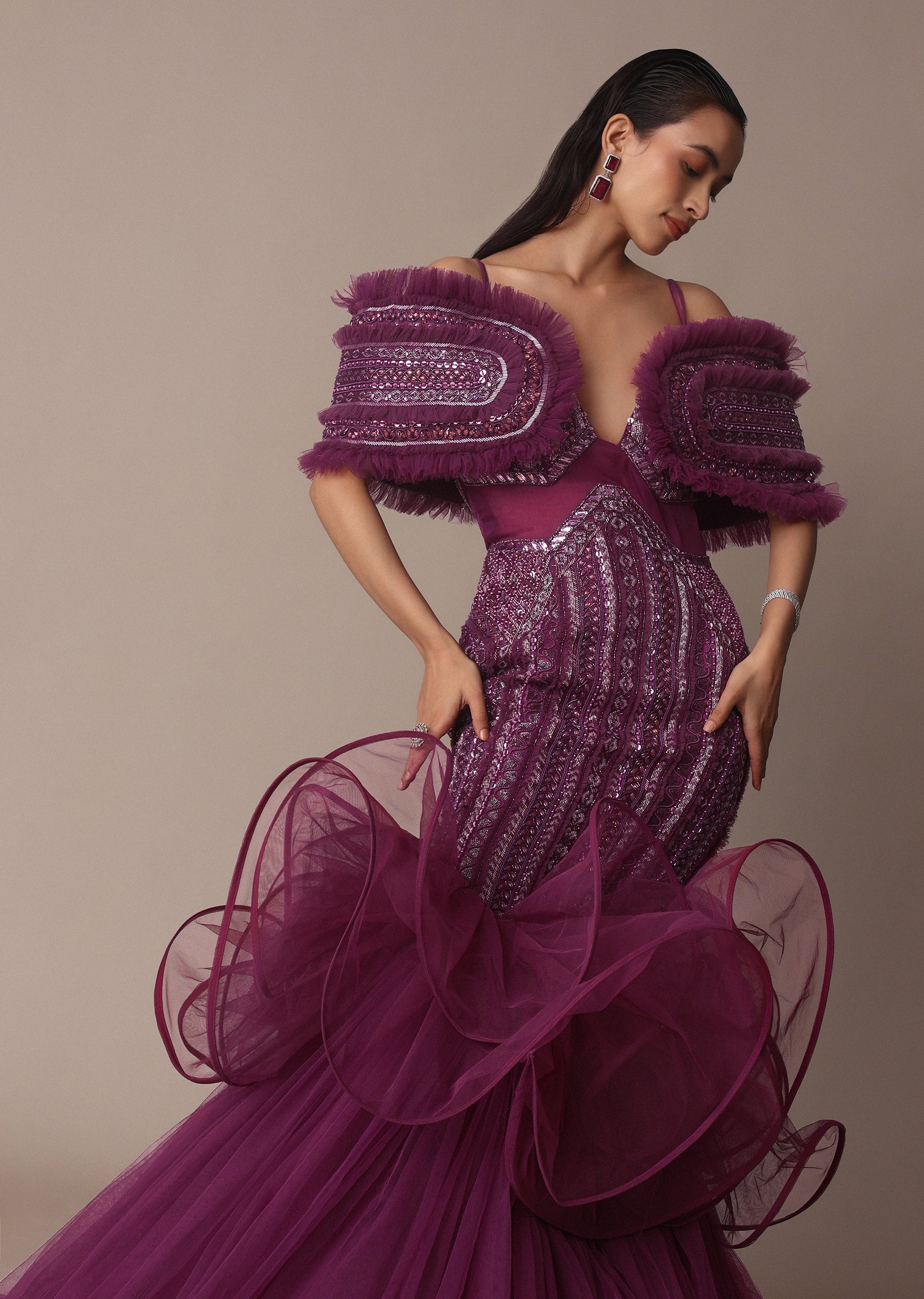 Deep Purple Organza Fish Cut Gown