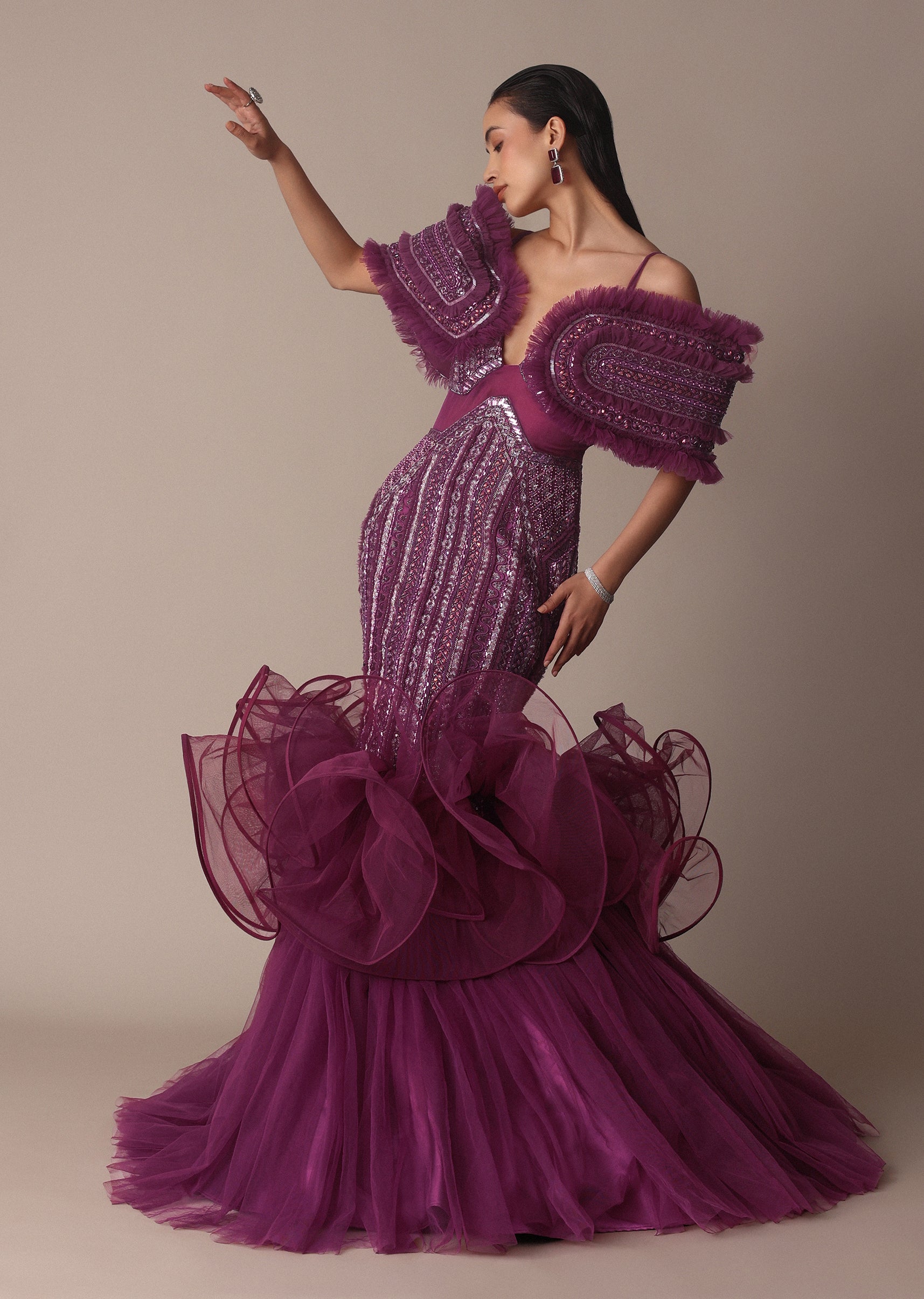 Deep Purple Organza Fish Cut Gown