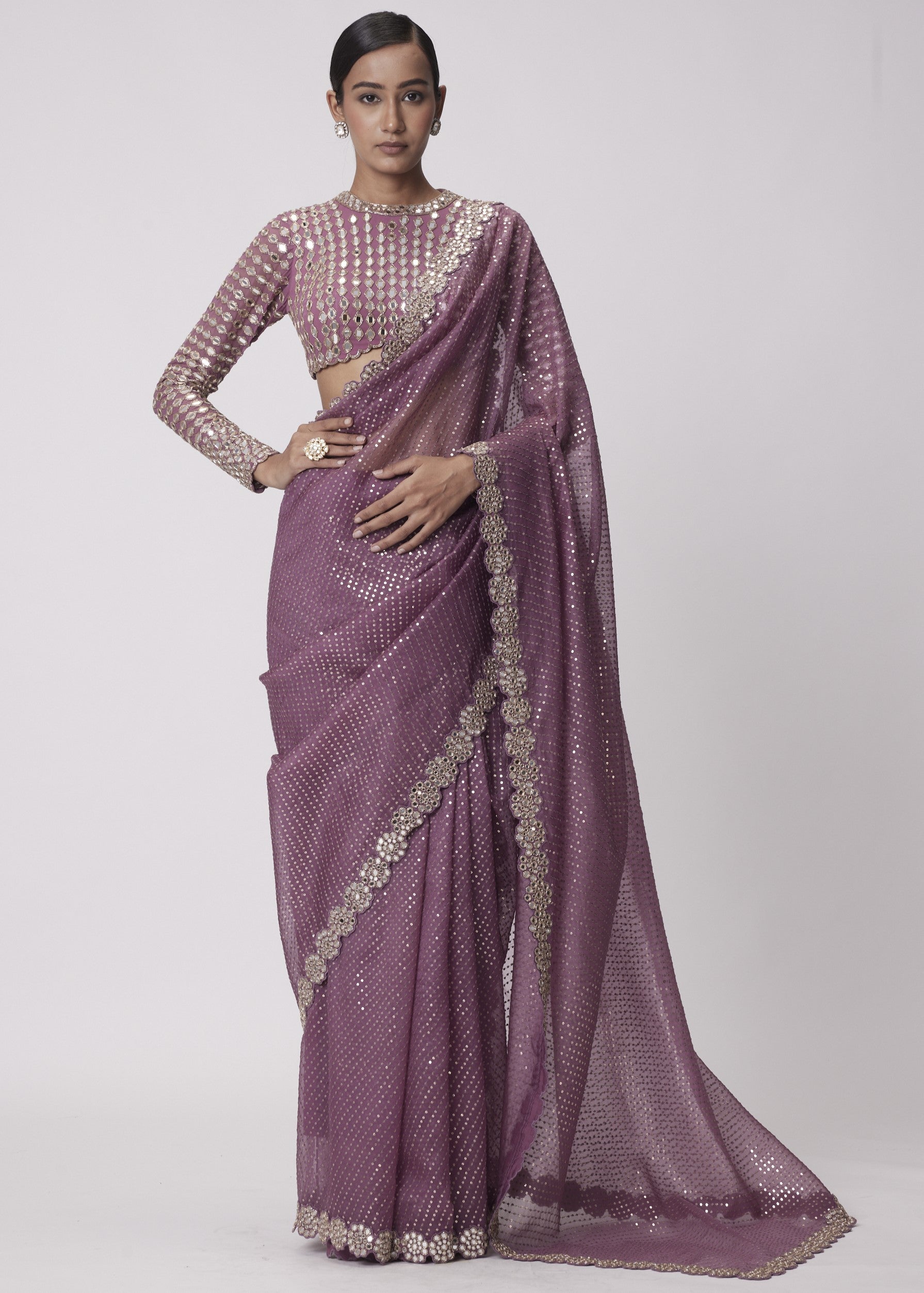 Mud Mauve Hand Embroidered Sari Set