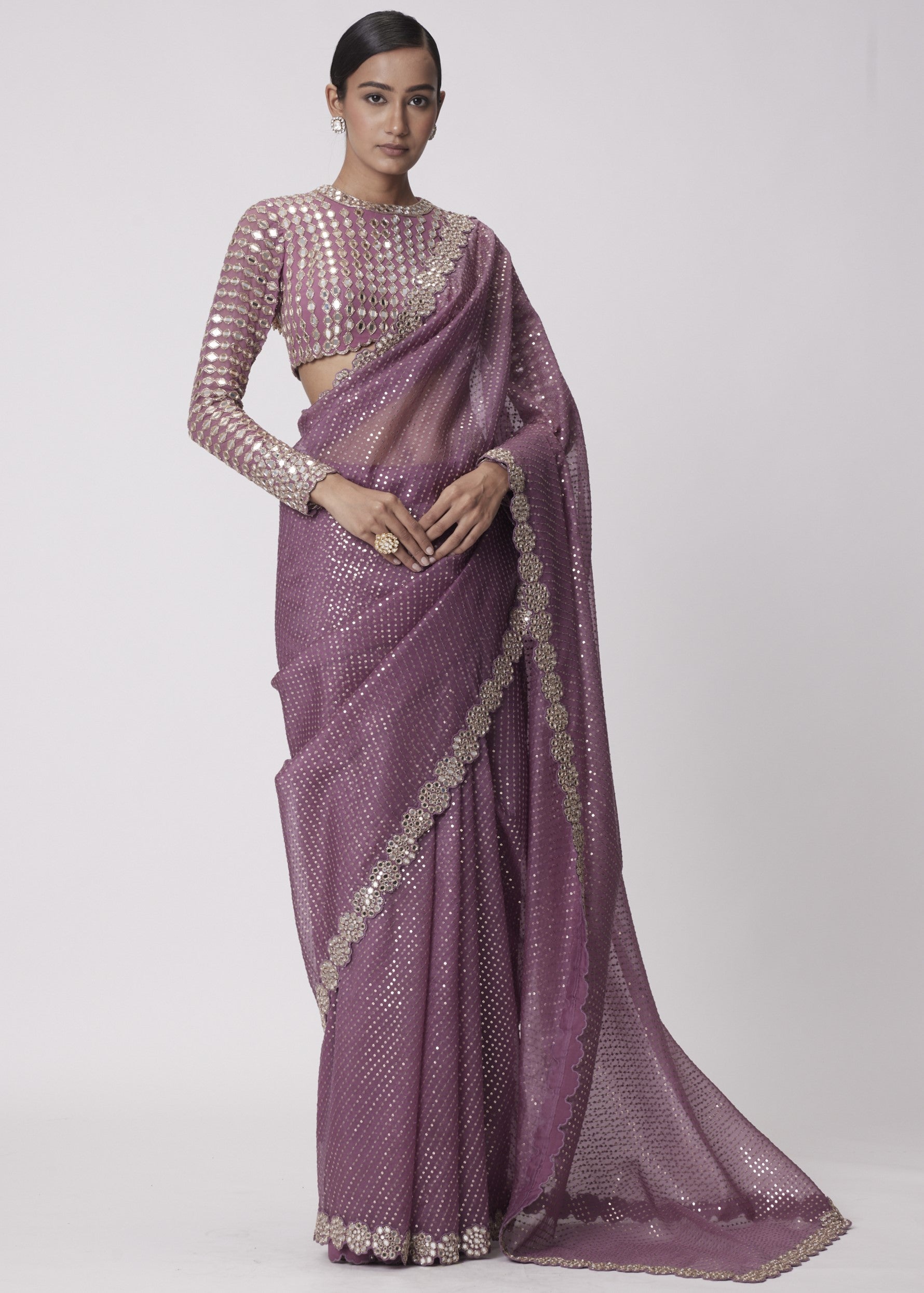 Mud Mauve Hand Embroidered Sari Set