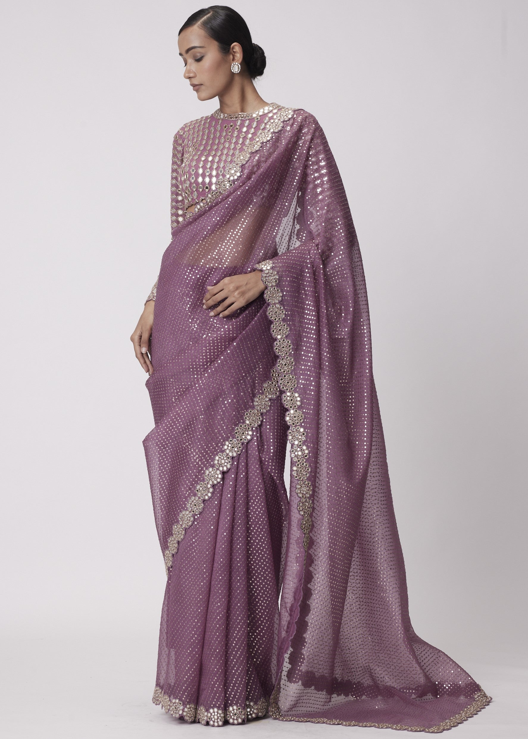 Mud Mauve Hand Embroidered Sari Set
