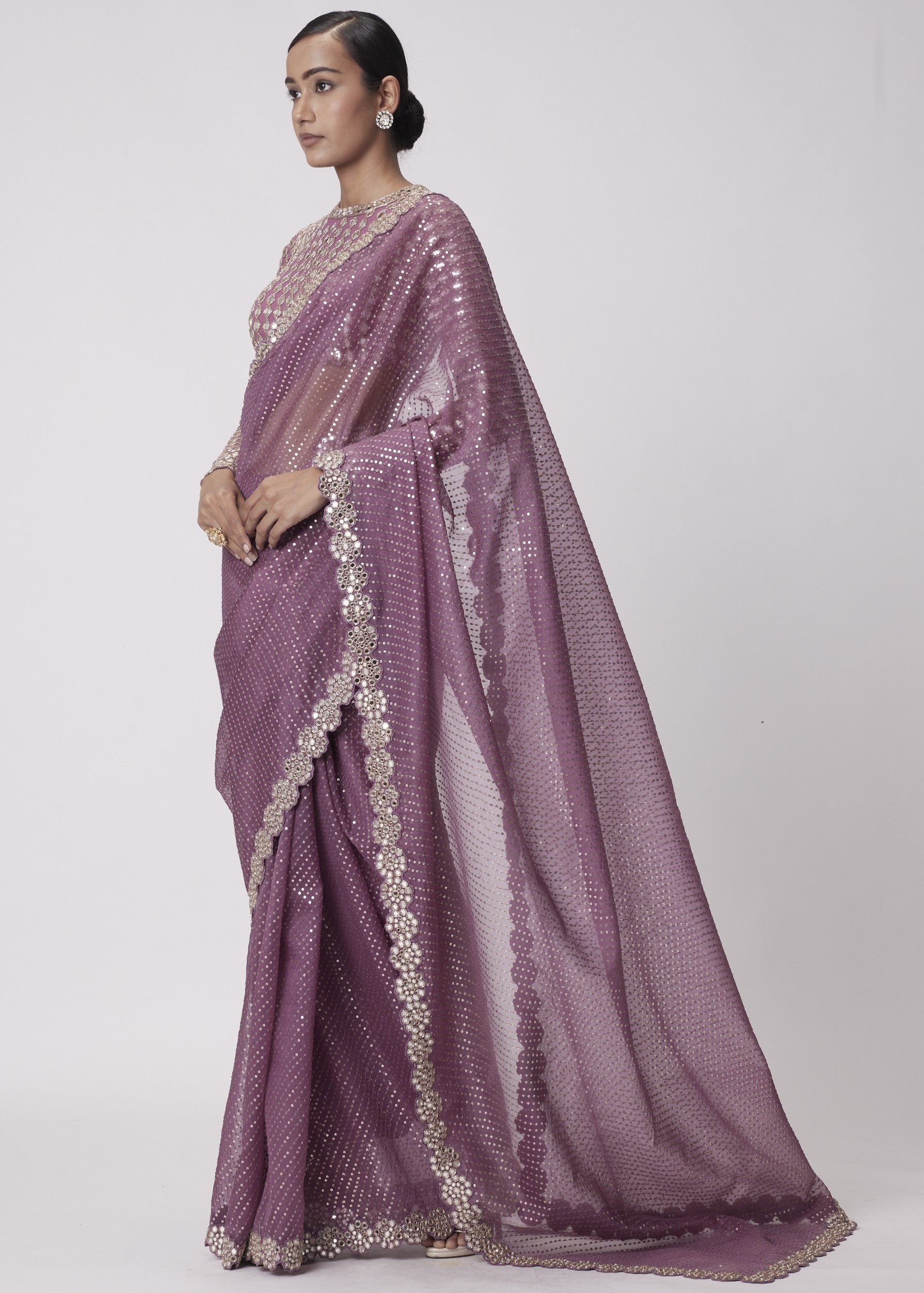 Mud Mauve Hand Embroidered Sari Set