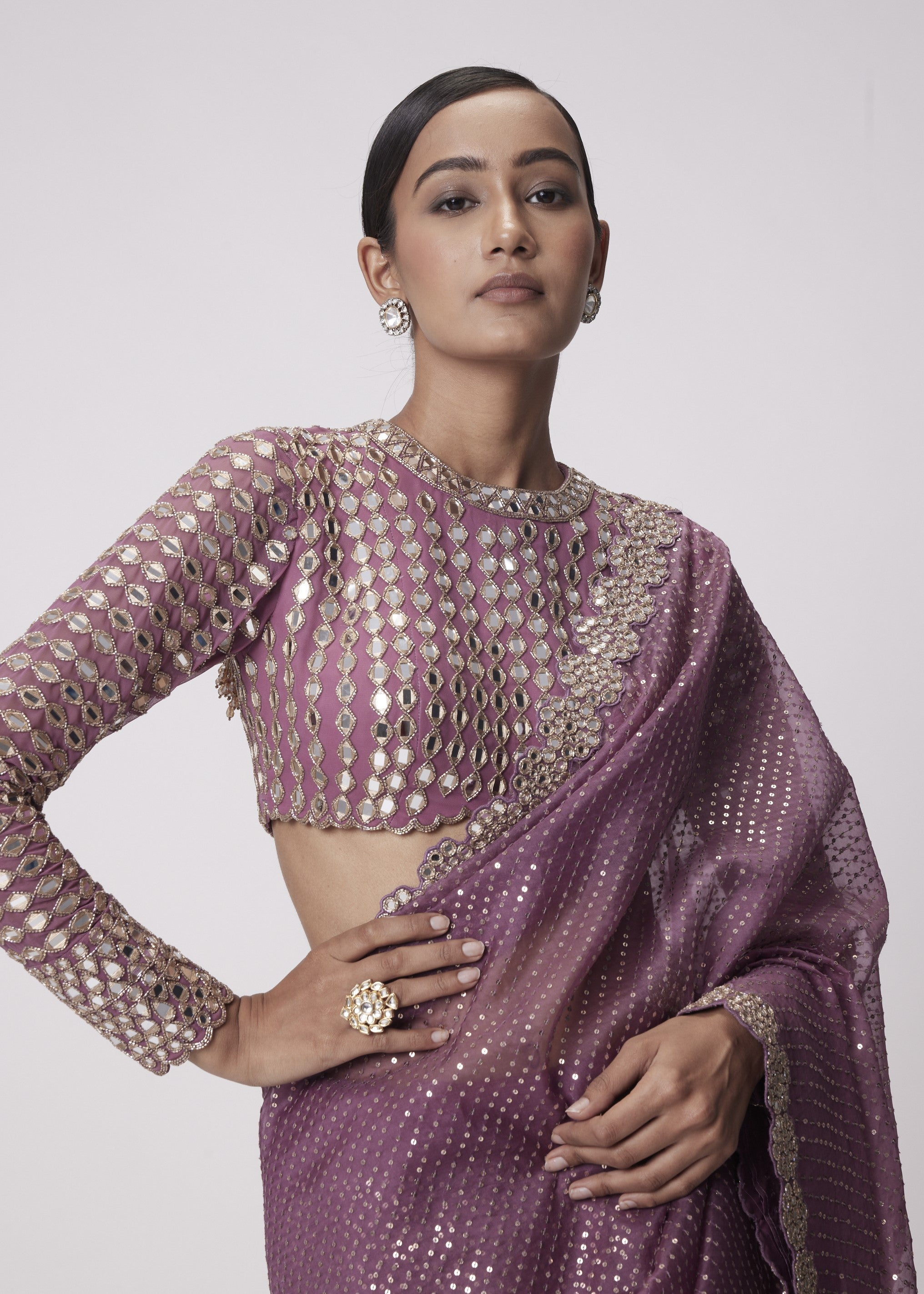 Mud Mauve Hand Embroidered Sari Set