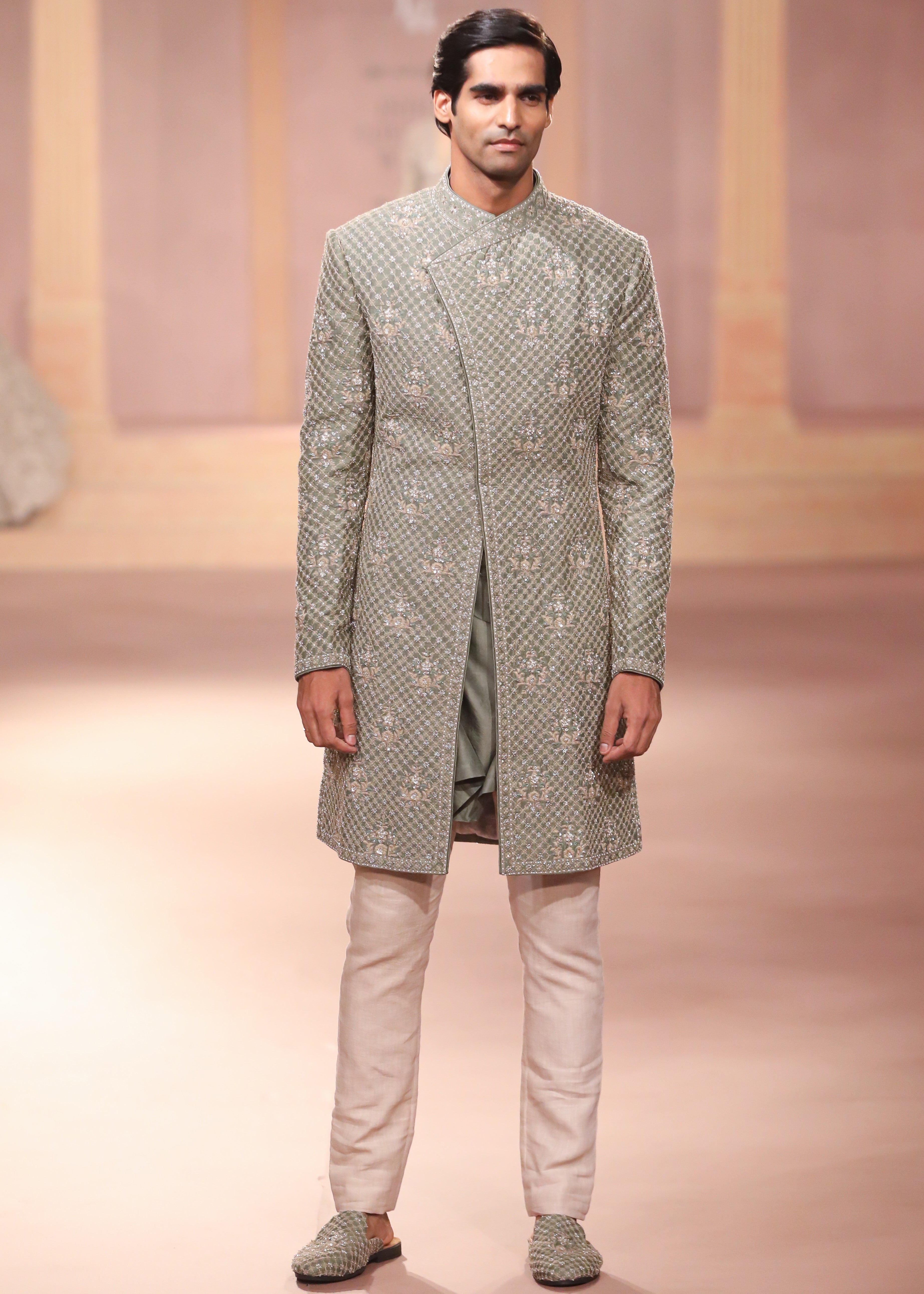 Mint Raw Silk Sherwani Set