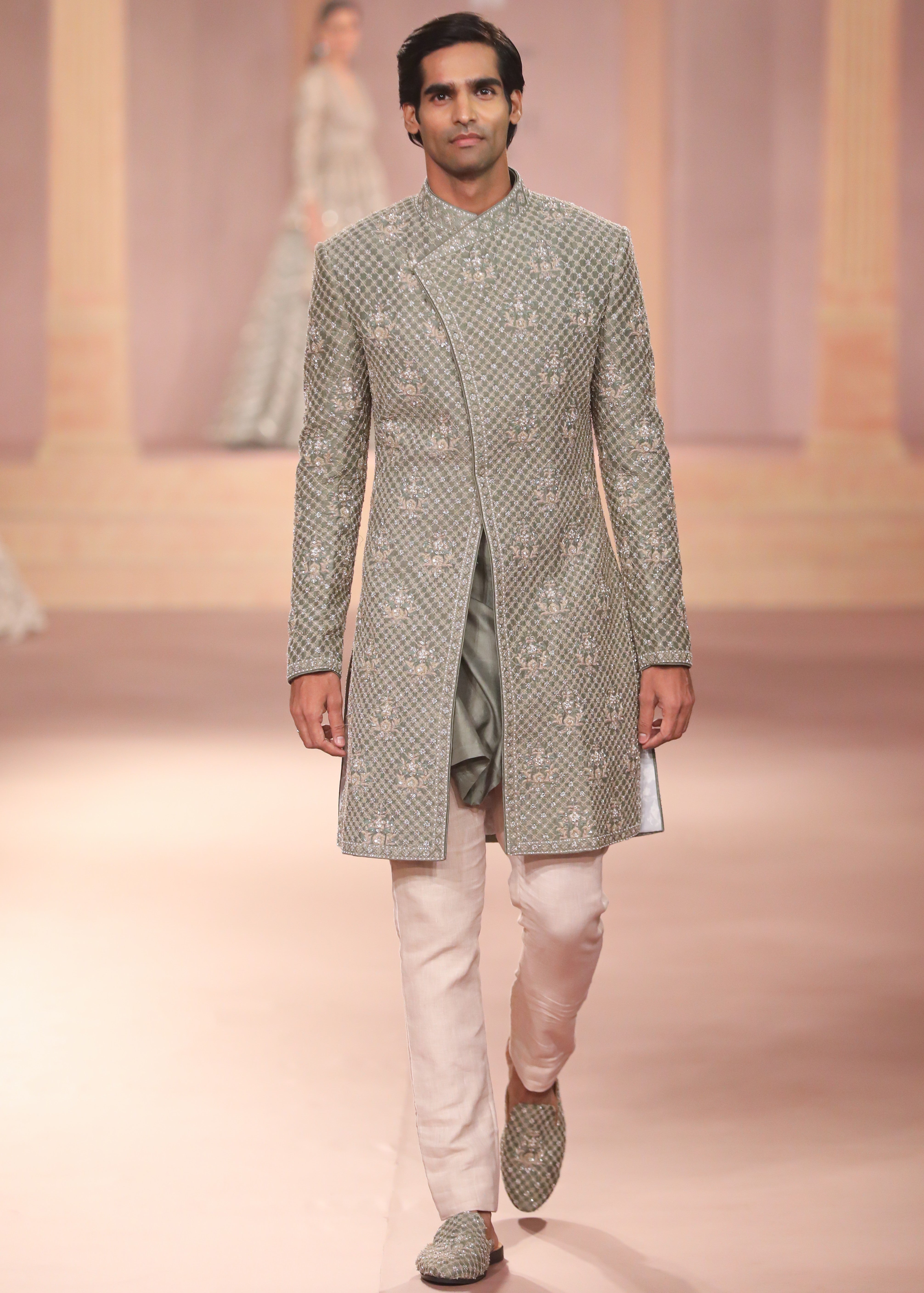 Mint Raw Silk Sherwani Set