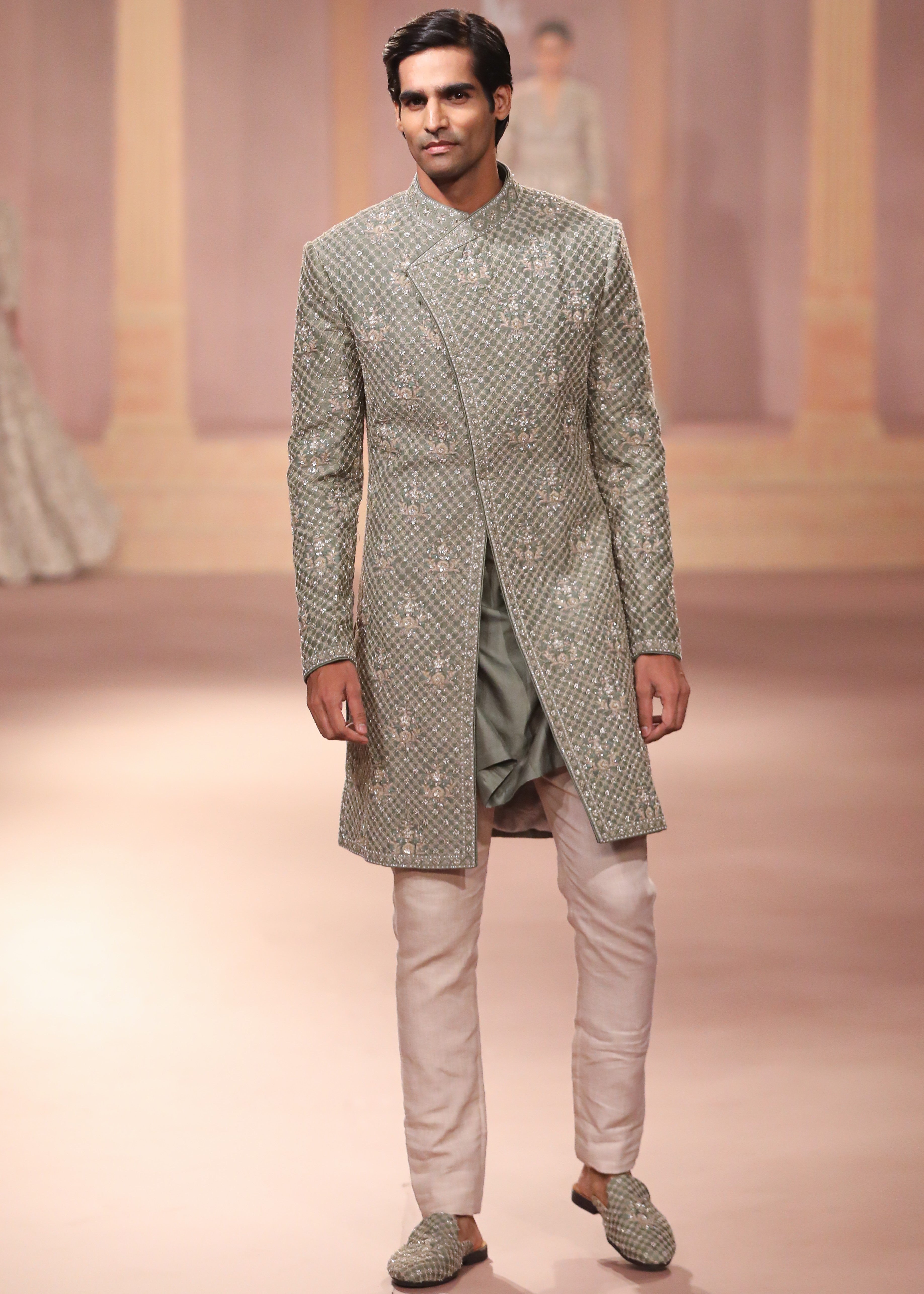 Mint Raw Silk Sherwani Set
