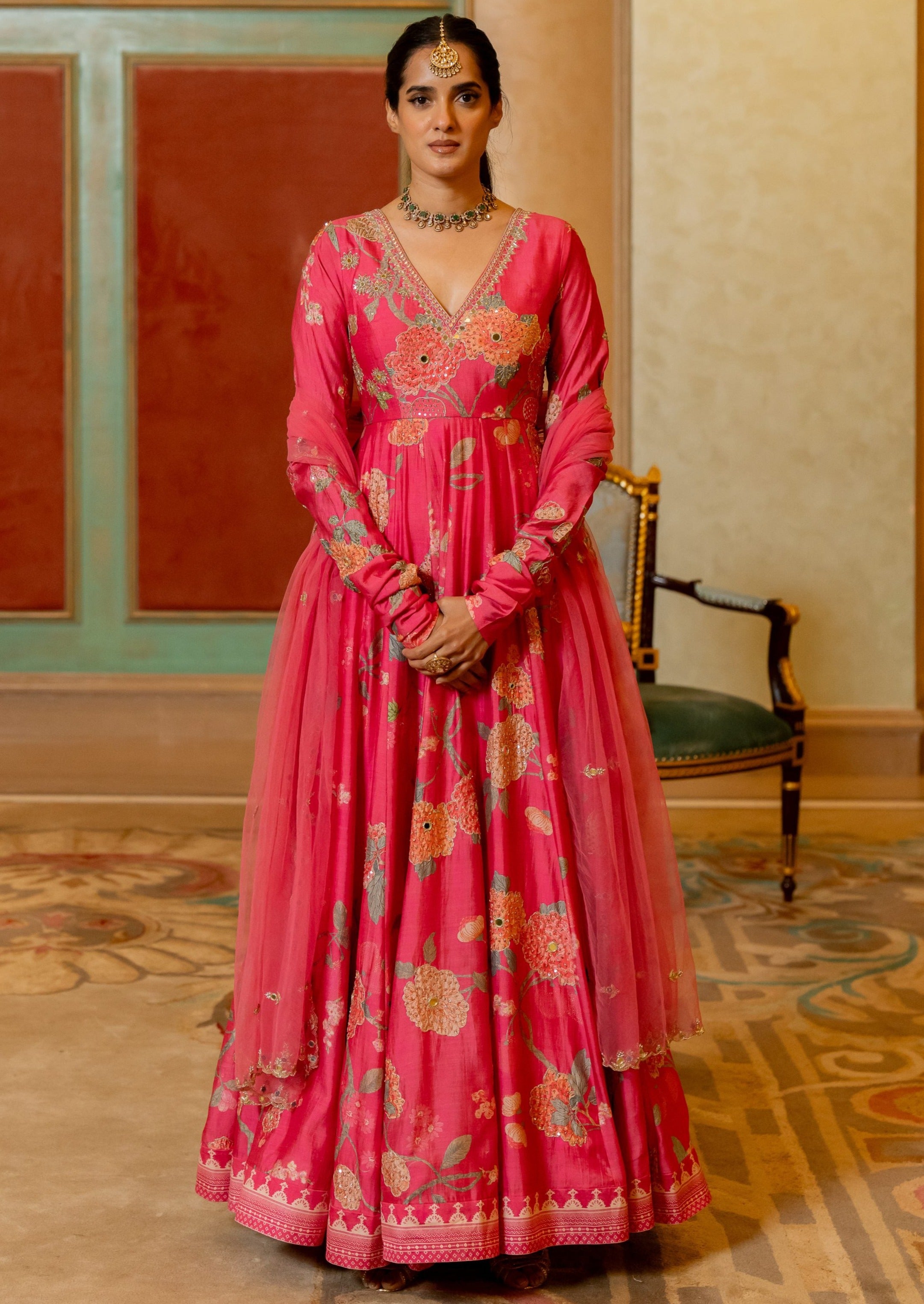Blooming Pink Floral Printed Anarkali Set