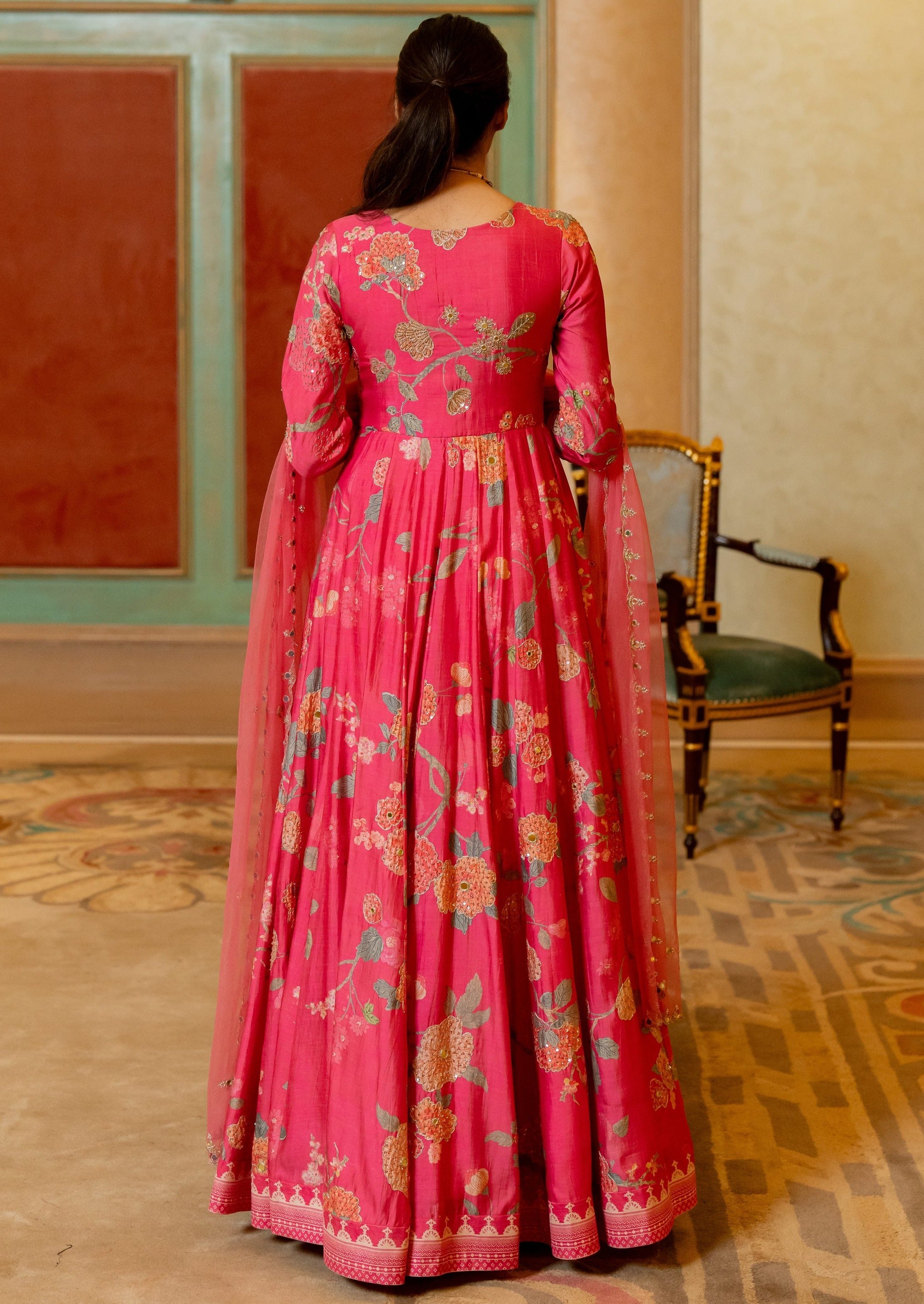 Blooming Pink Floral Printed Anarkali Set