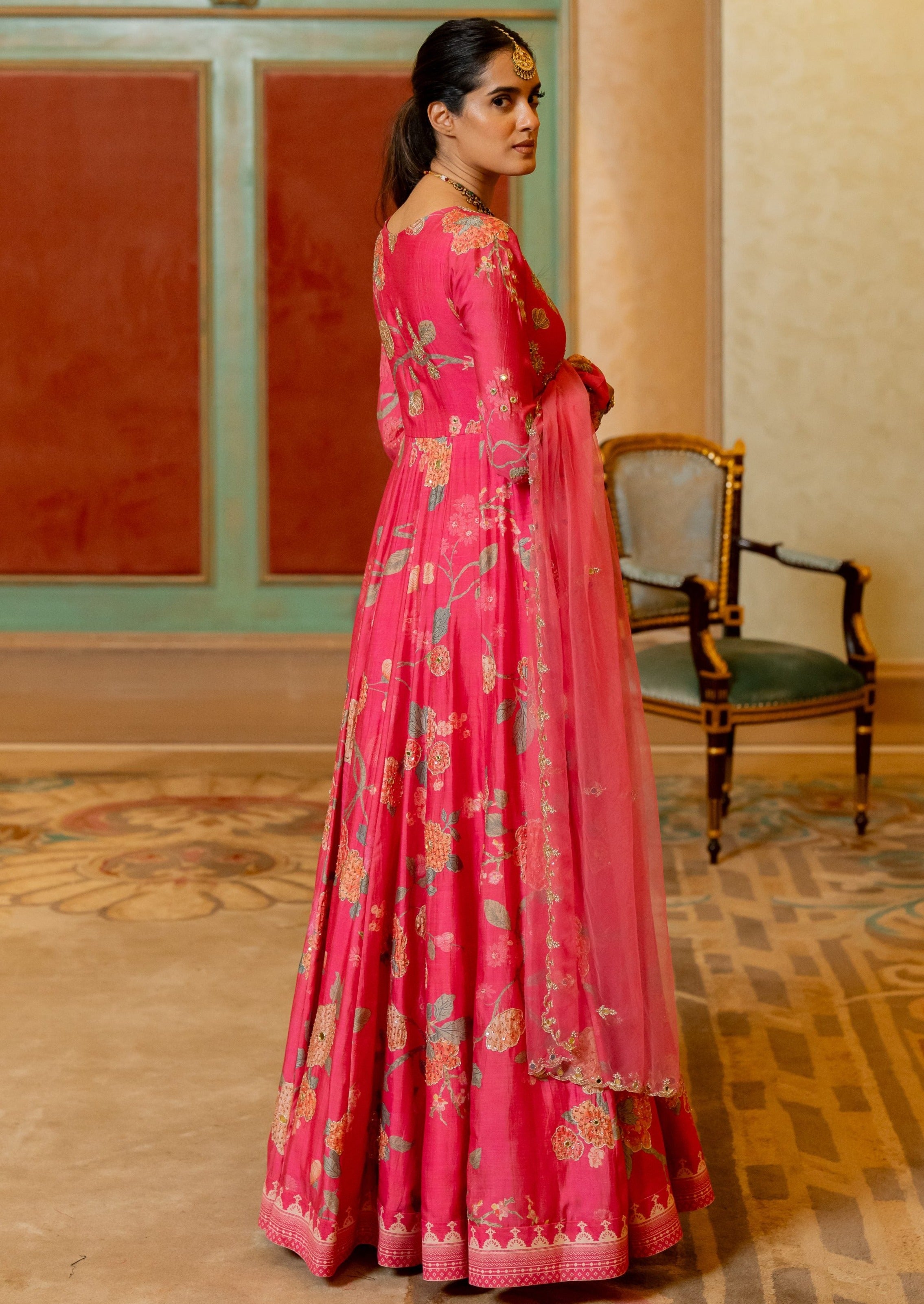 Blooming Pink Floral Printed Anarkali Set