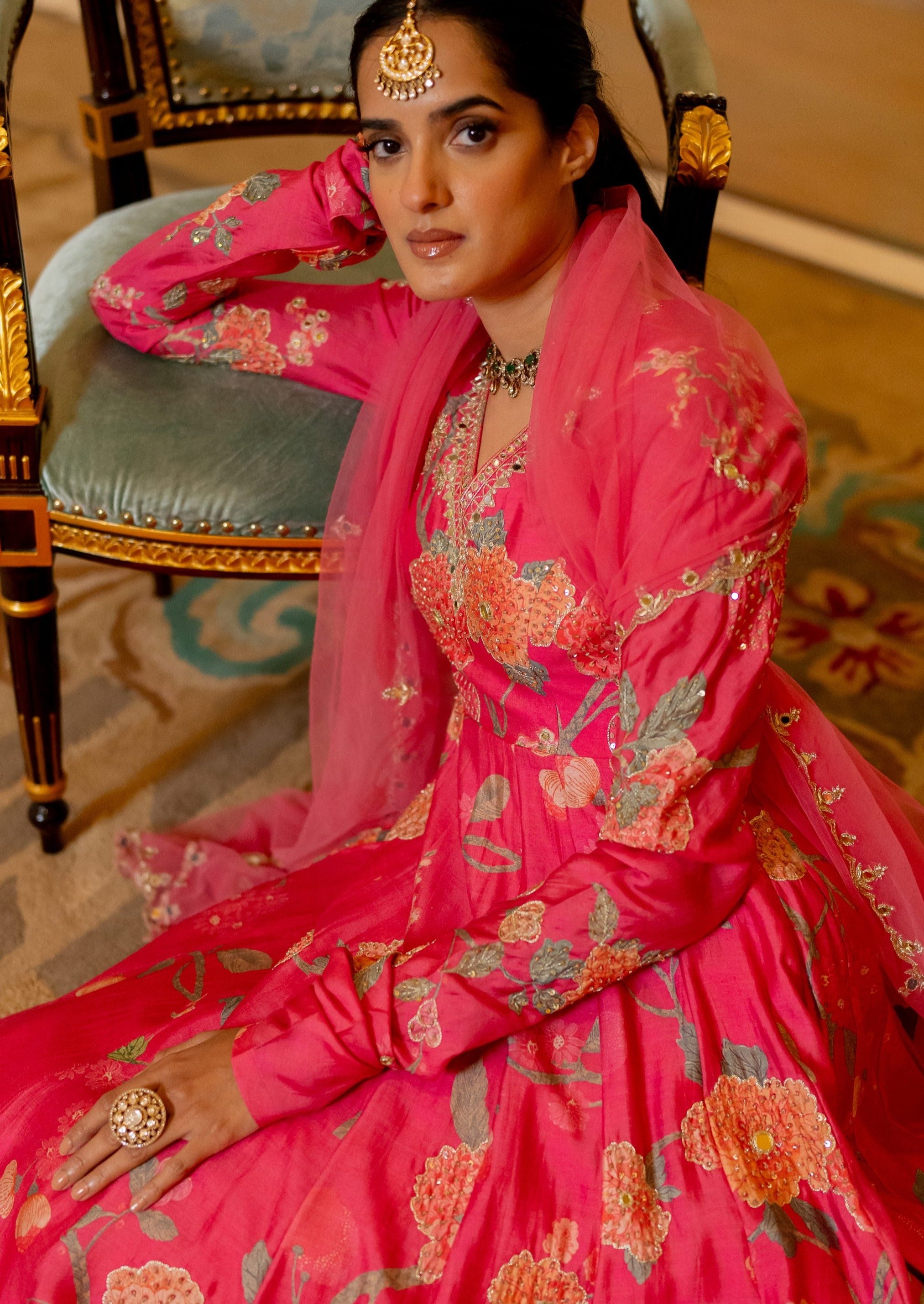 Blooming Pink Floral Printed Anarkali Set