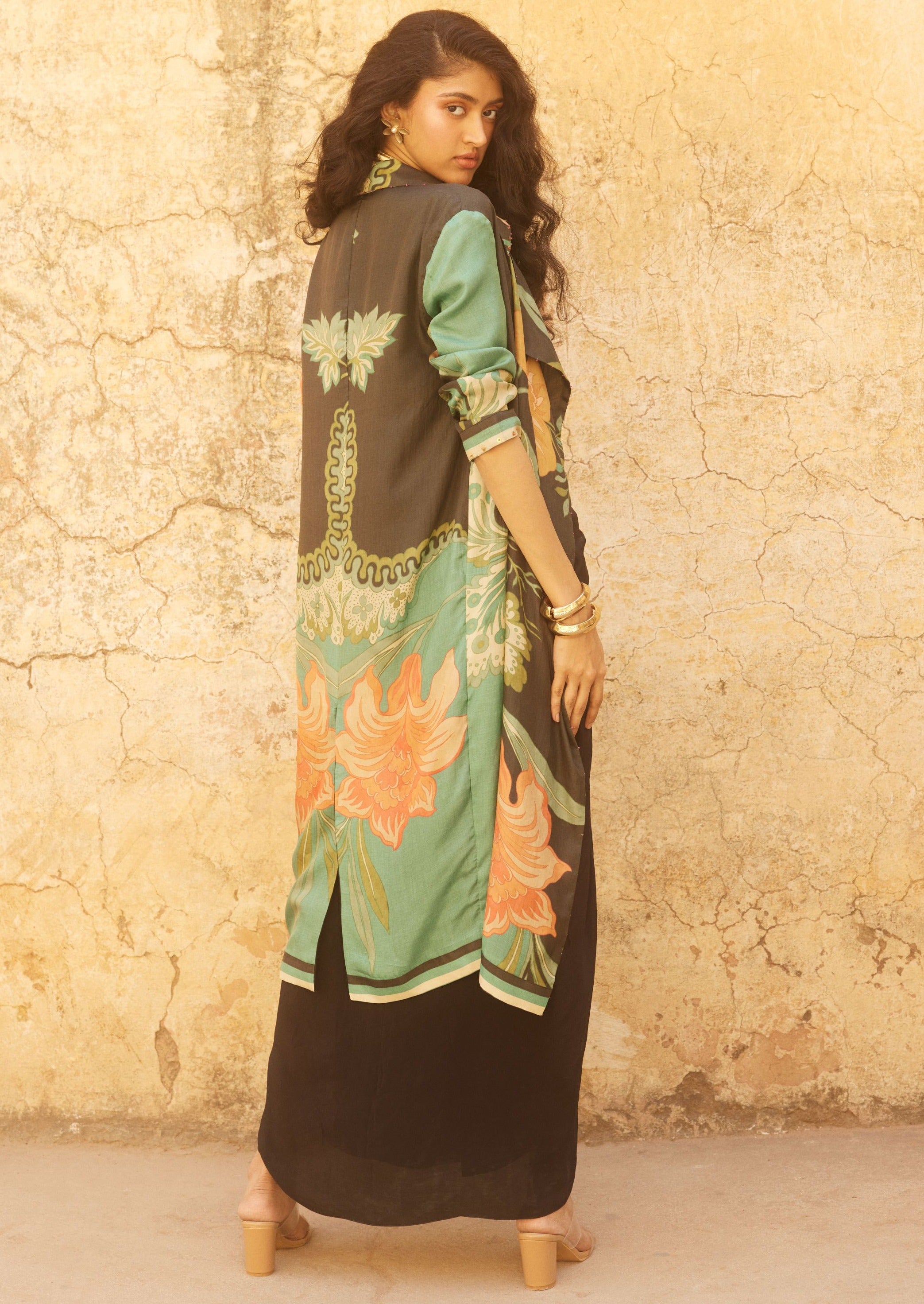 Black Floral Print Jacket and Skirt Set