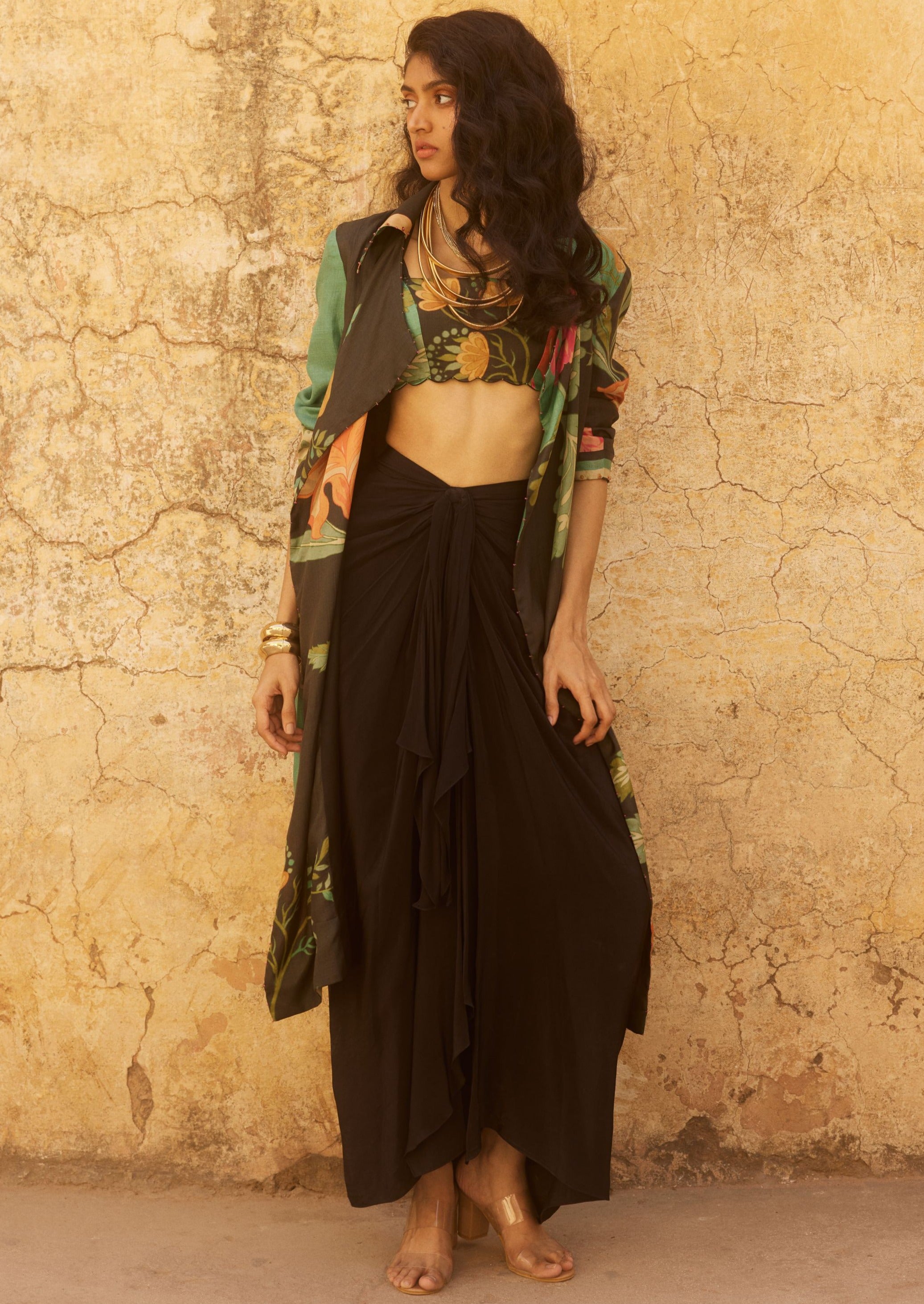 Black Floral Print Jacket and Skirt Set