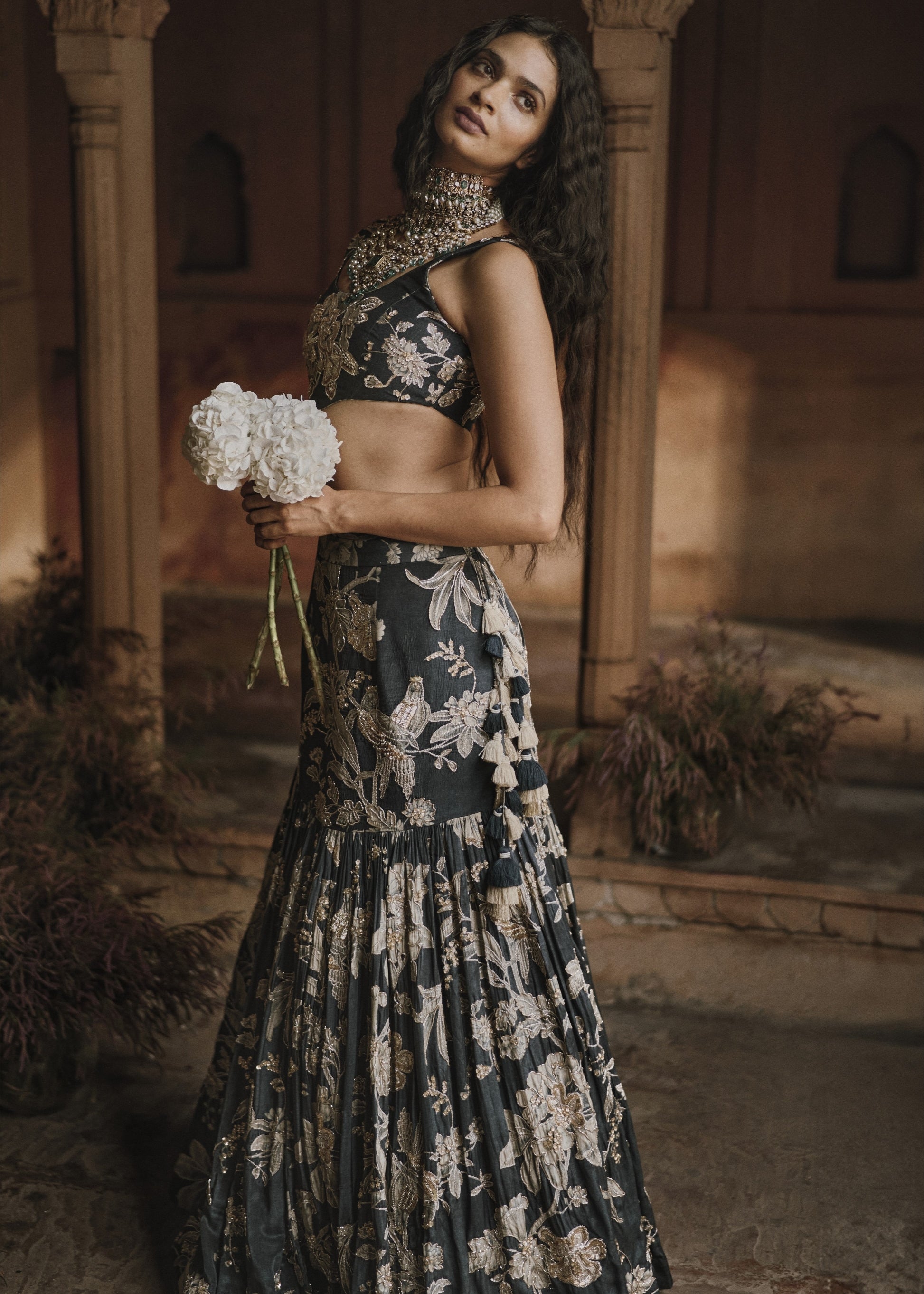 Black Fish Cut Floral Lehenga Set