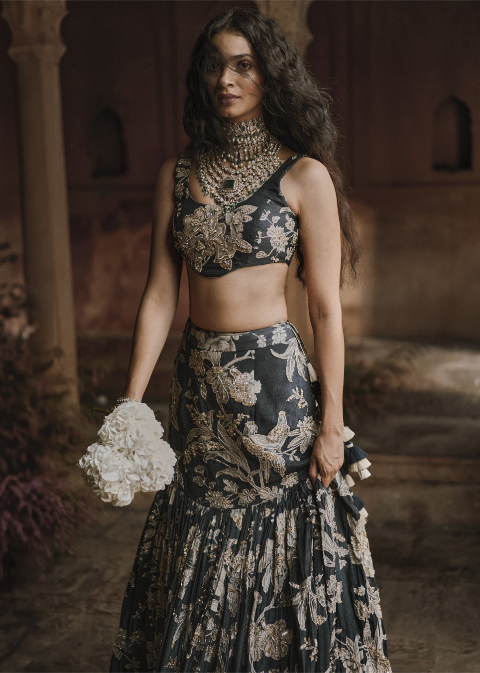 Black Fish Cut Floral Lehenga Set