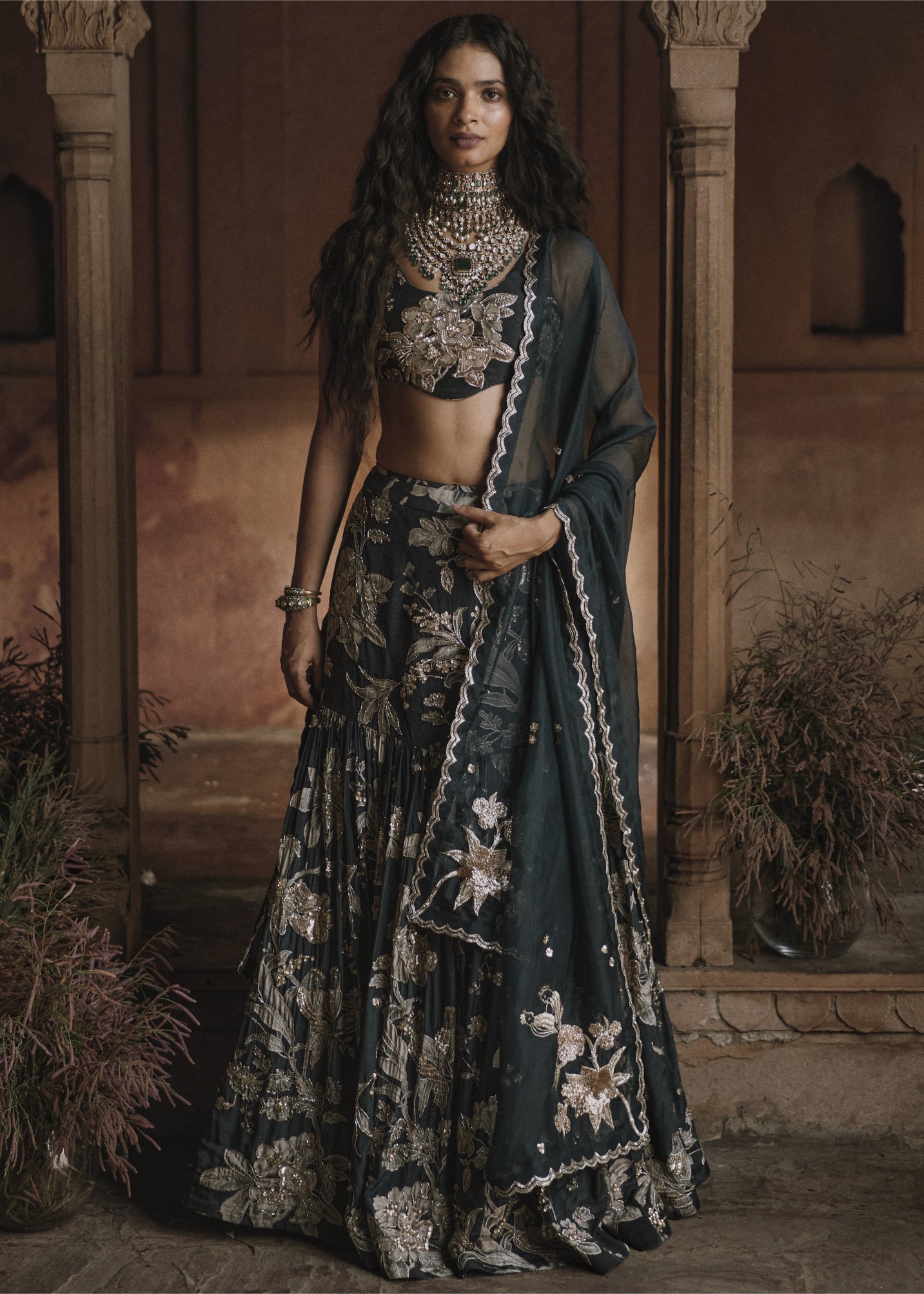 Black Fish Cut Floral Lehenga Set