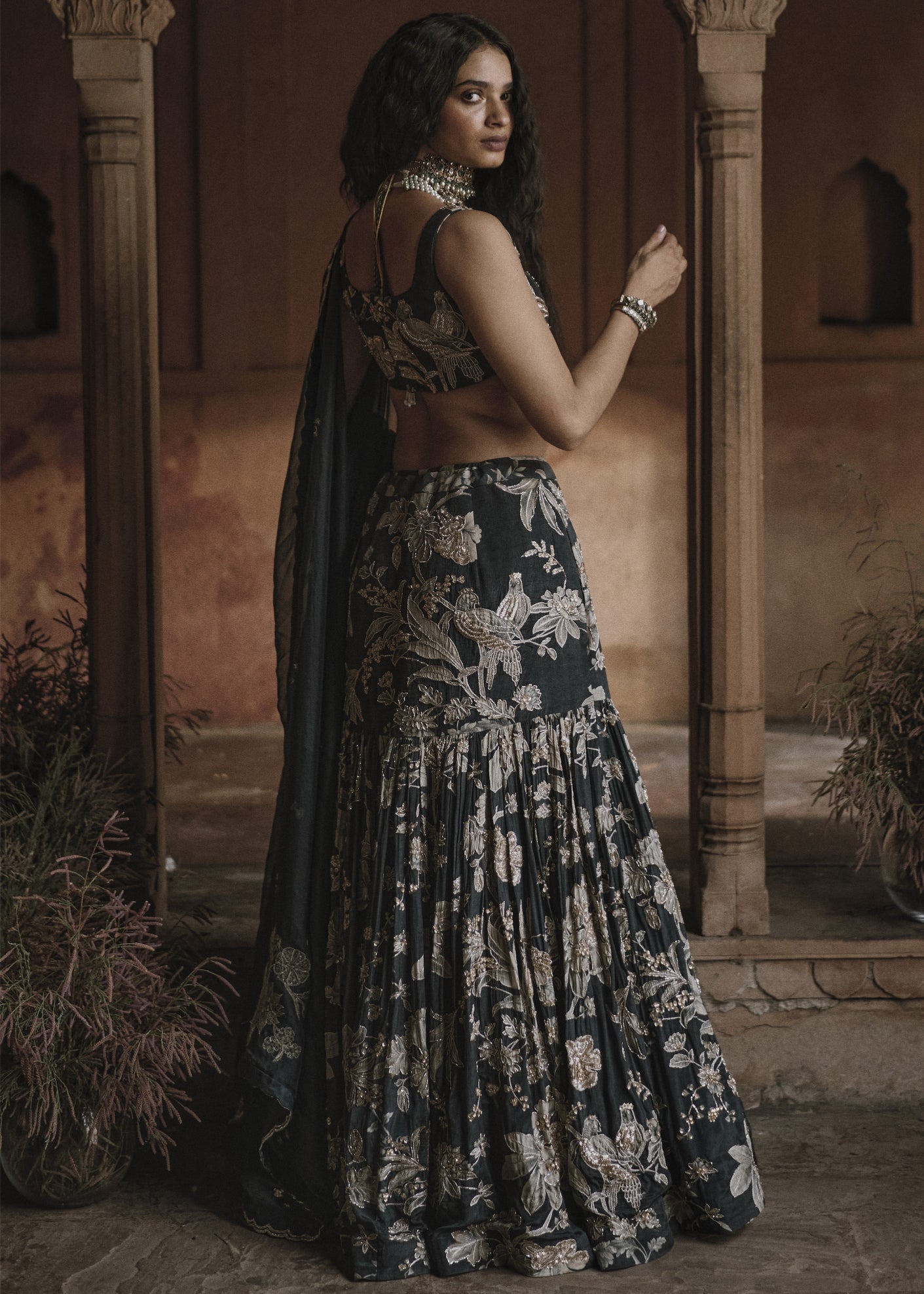 Black Fish Cut Floral Lehenga Set