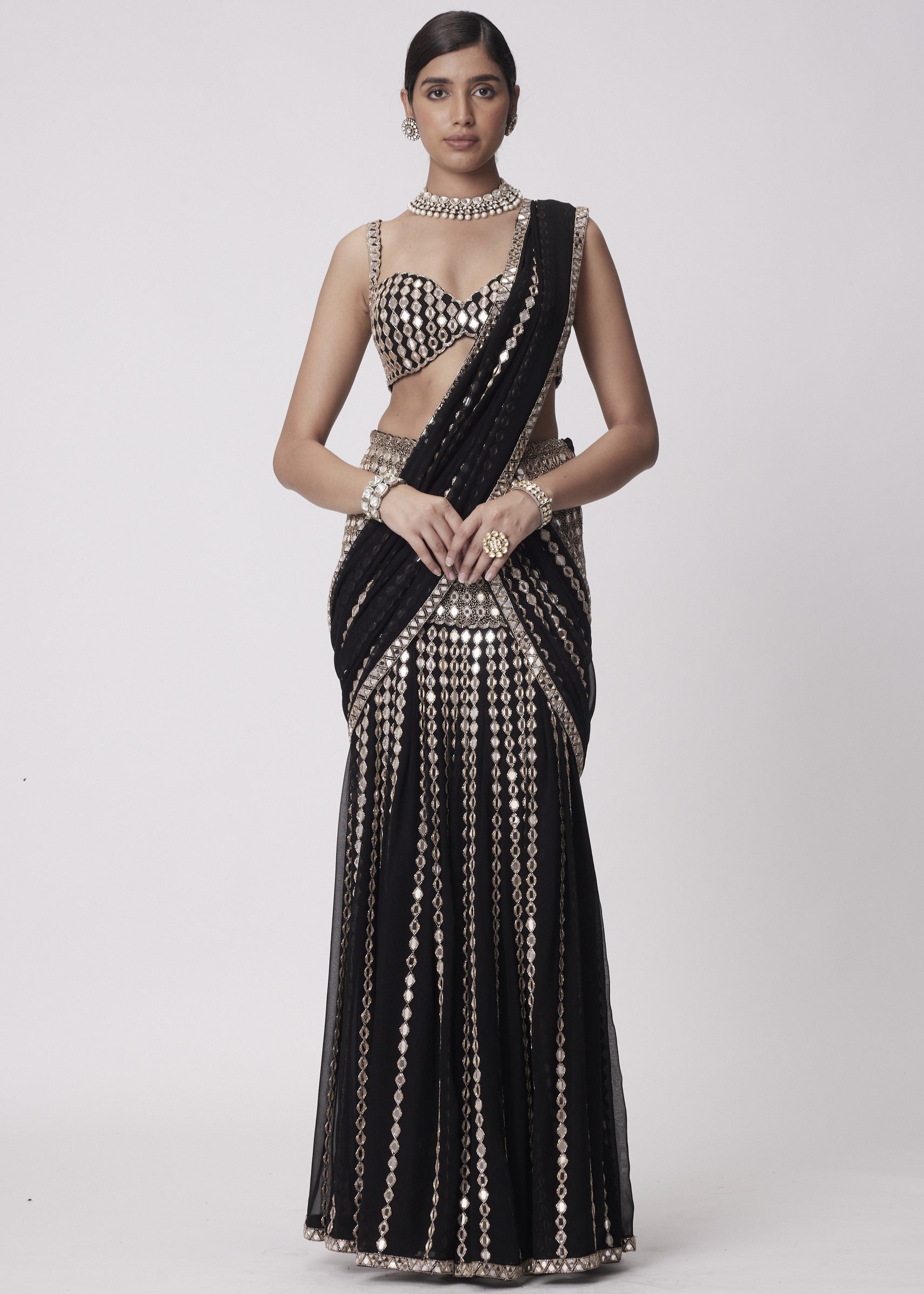 Black Pre Draped Sari Set