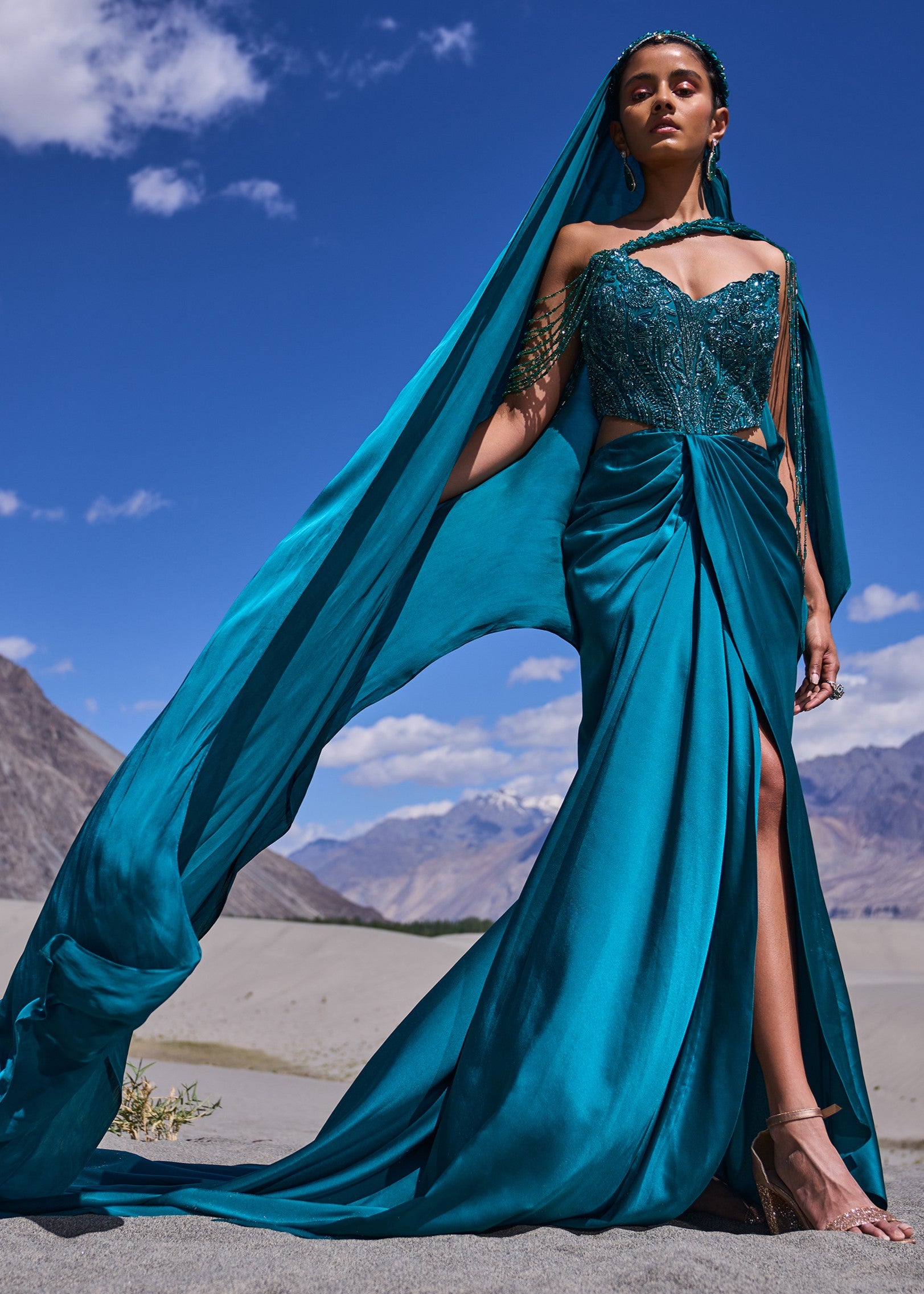 Peacock Green Embroidered Satin Gown