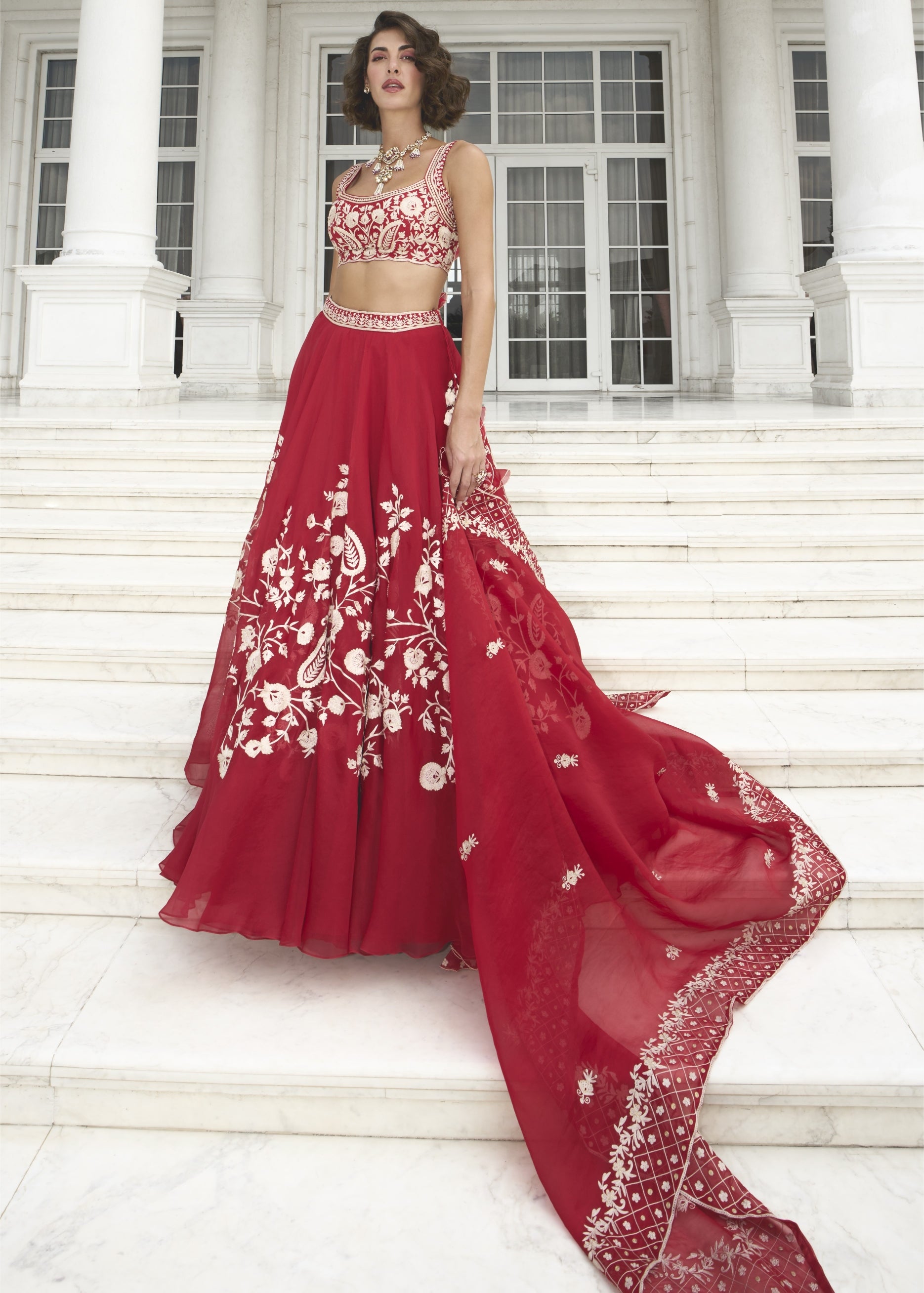 Red Organza Lehenga