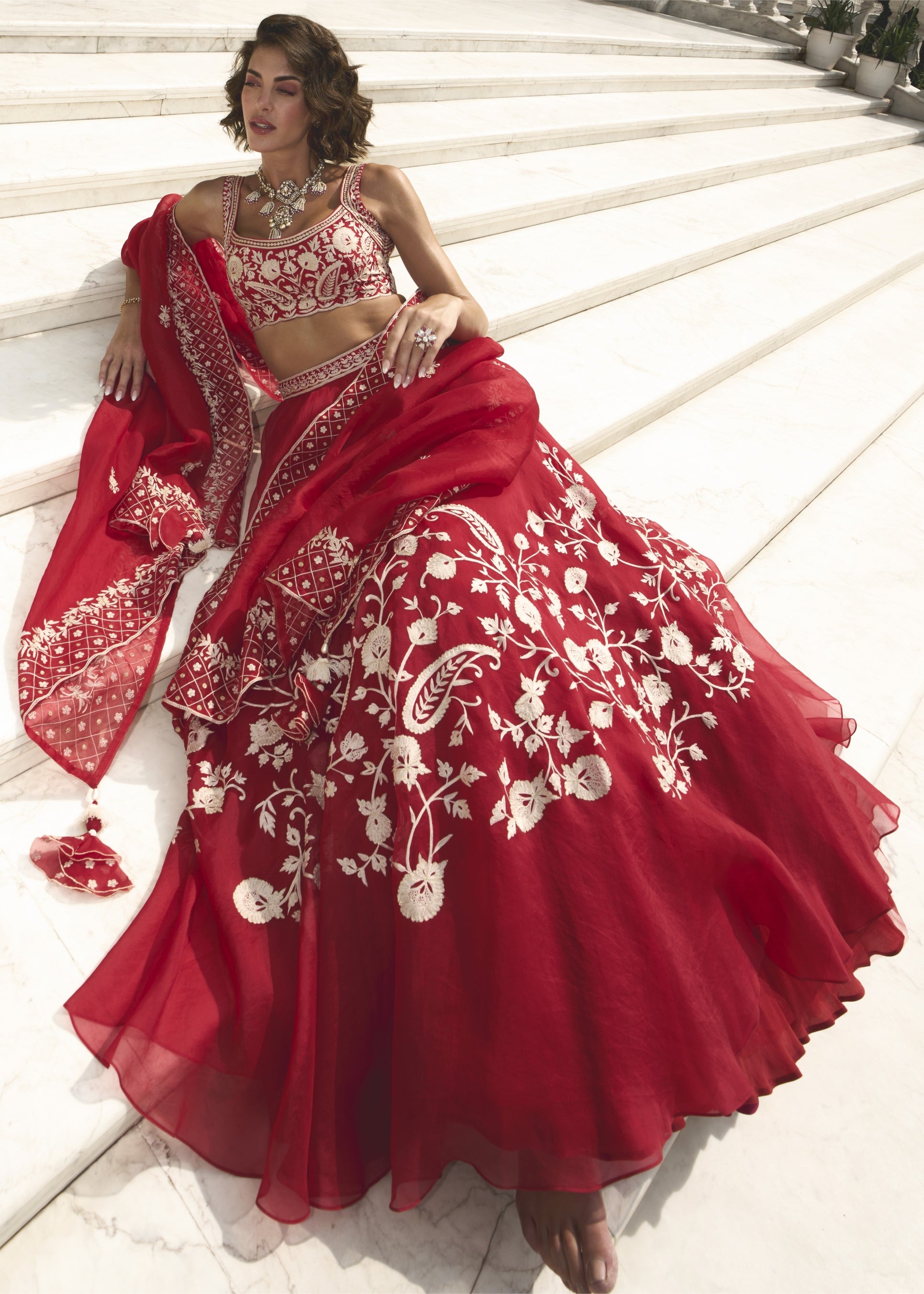 Red Organza Lehenga