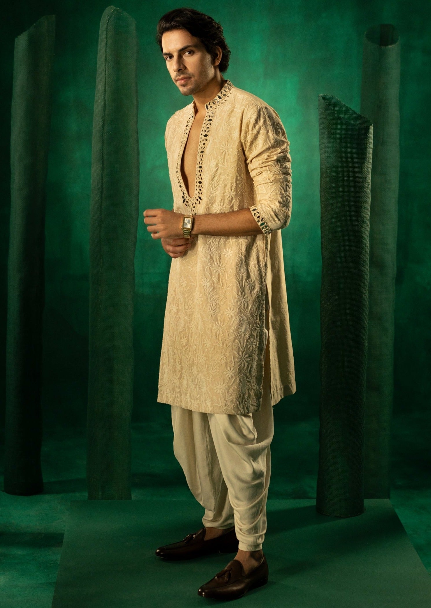 Beige Chikankari Mirror Embellished Afghani Kurta Set