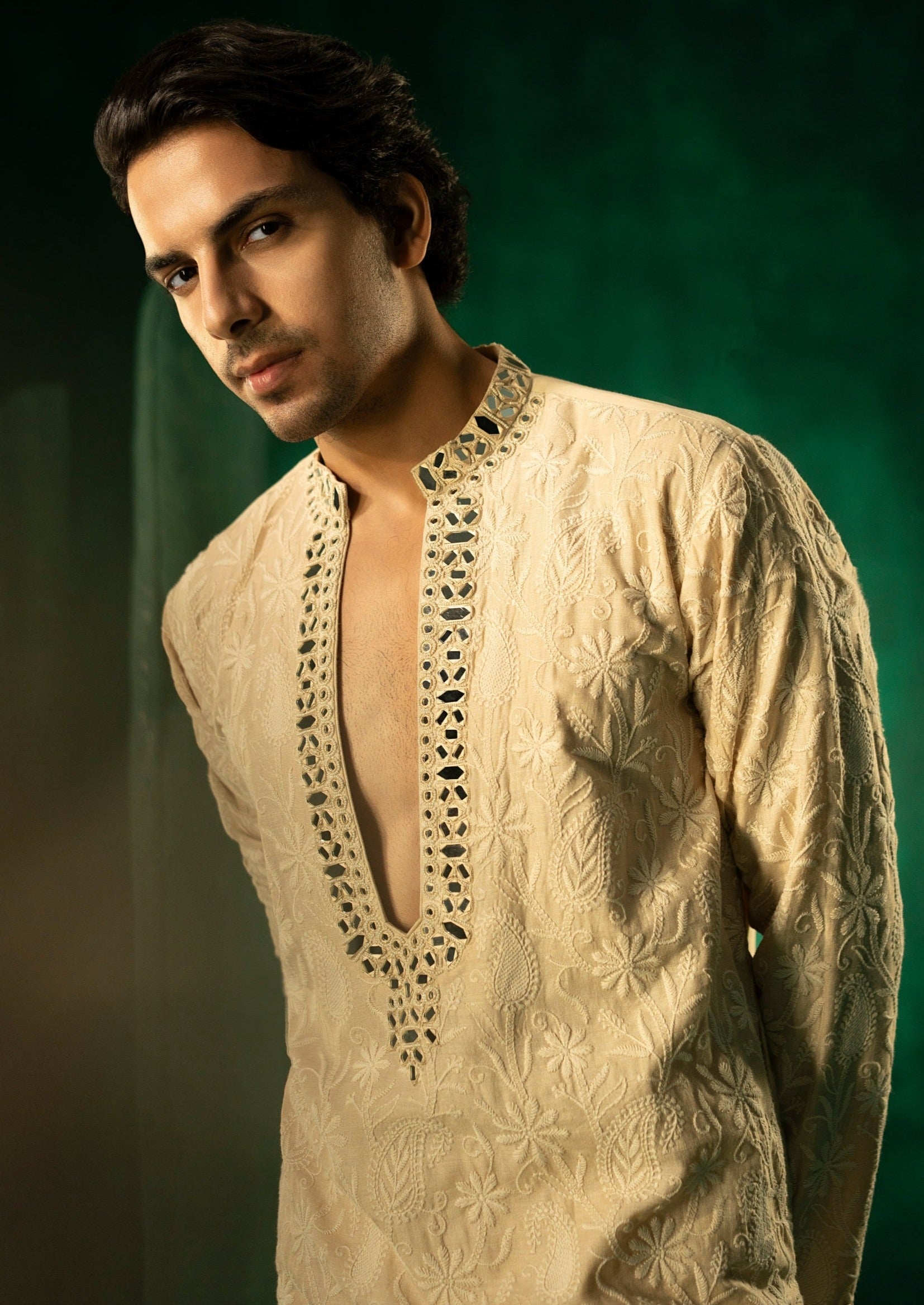 Beige Chikankari Mirror Embellished Afghani Kurta Set