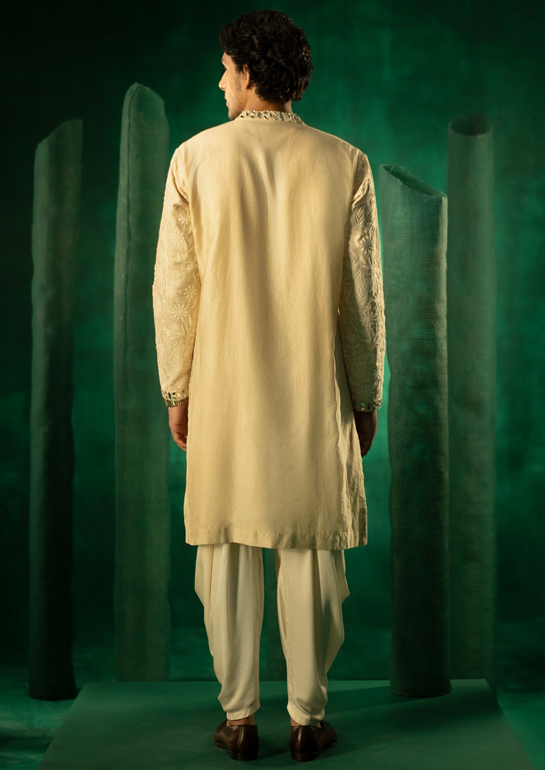 Beige Chikankari Mirror Embellished Afghani Kurta Set