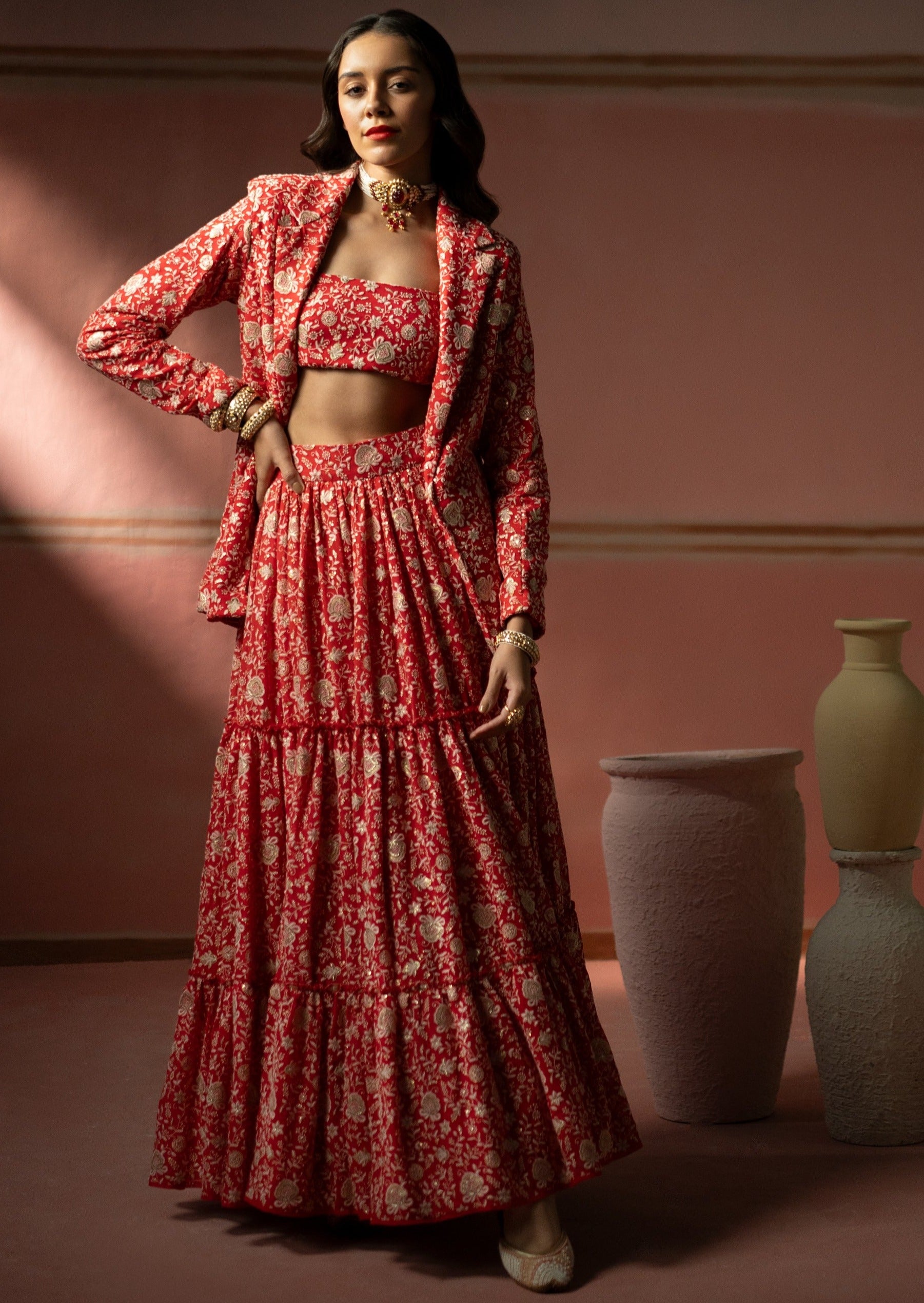 Red Chinkankari Lehenga Set With Bustier And Blazer