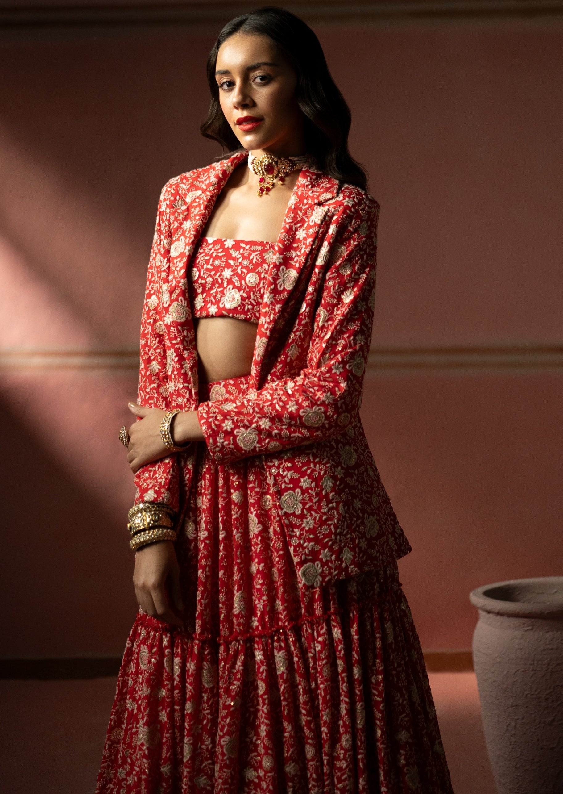 Red Chinkankari Lehenga Set With Bustier And Blazer