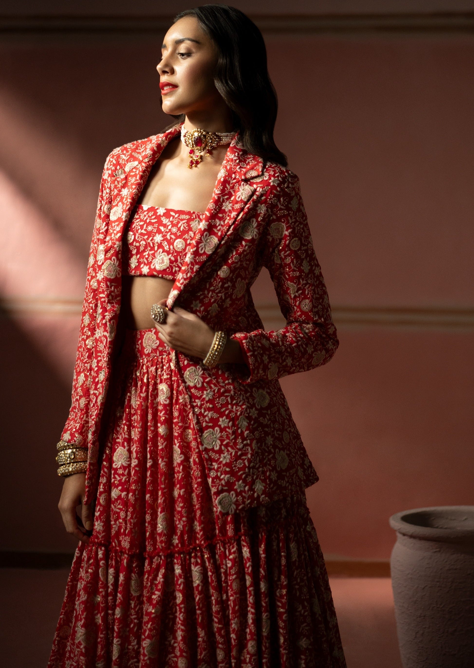 Red Chinkankari Lehenga Set With Bustier And Blazer