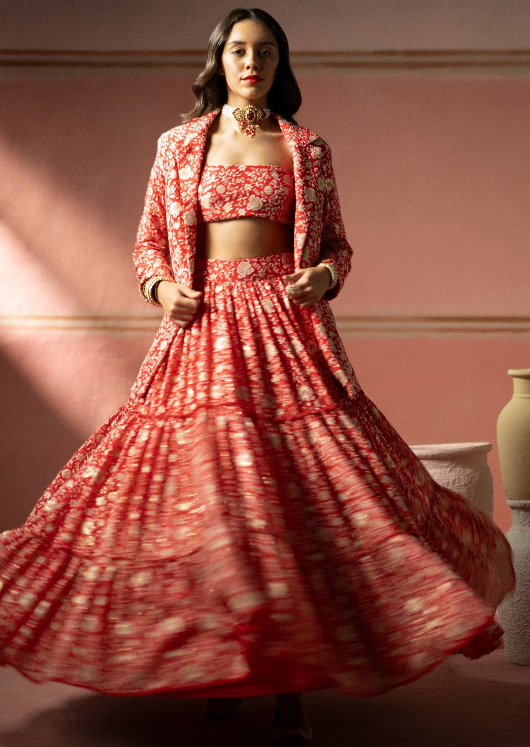 Red Chinkankari Lehenga Set With Bustier And Blazer