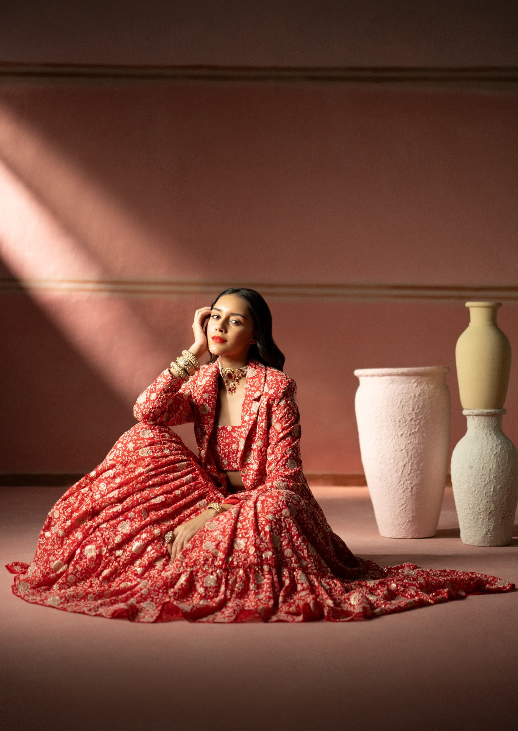 Red Chinkankari Lehenga Set With Bustier And Blazer