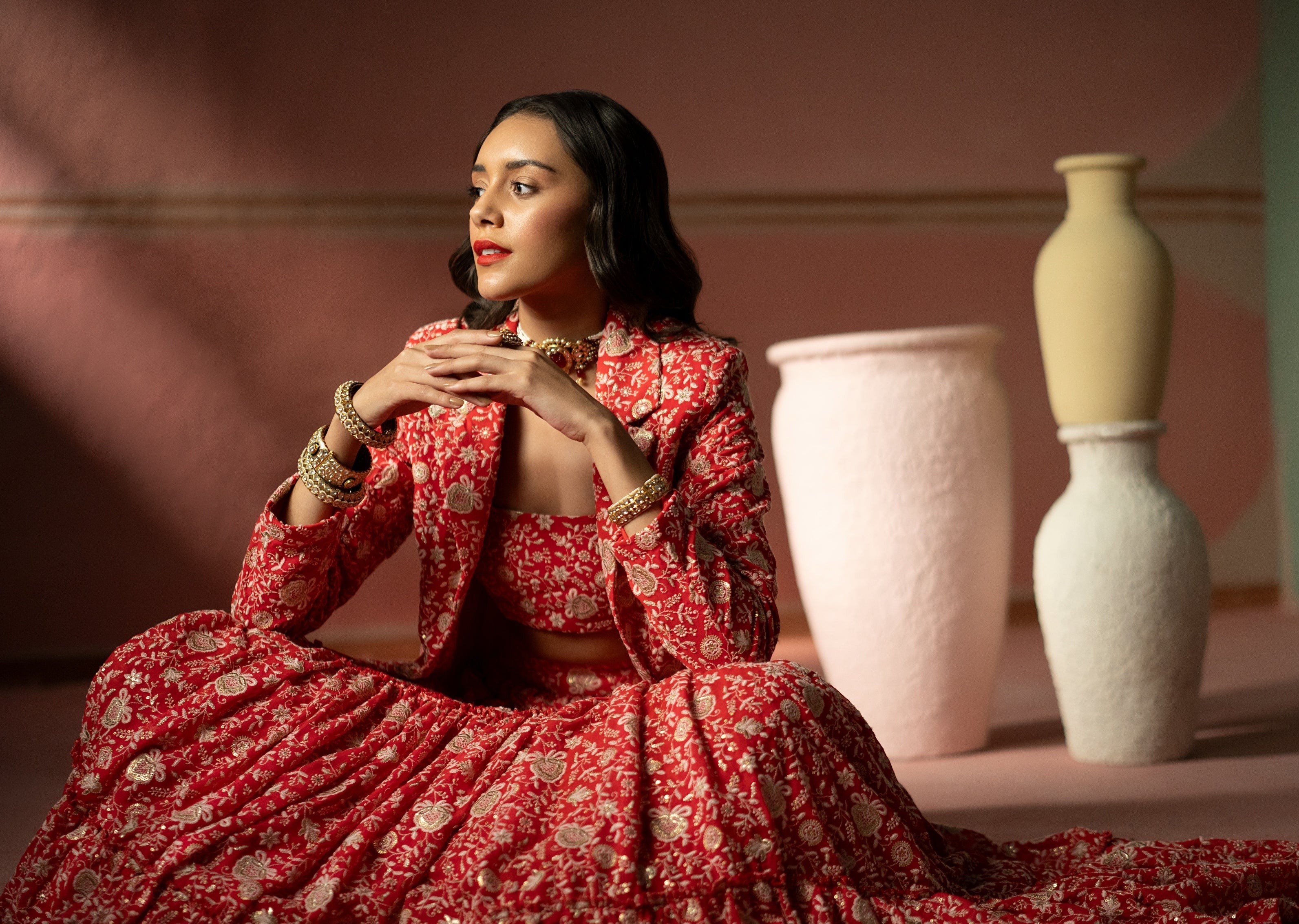 Red Chinkankari Lehenga Set With Bustier And Blazer