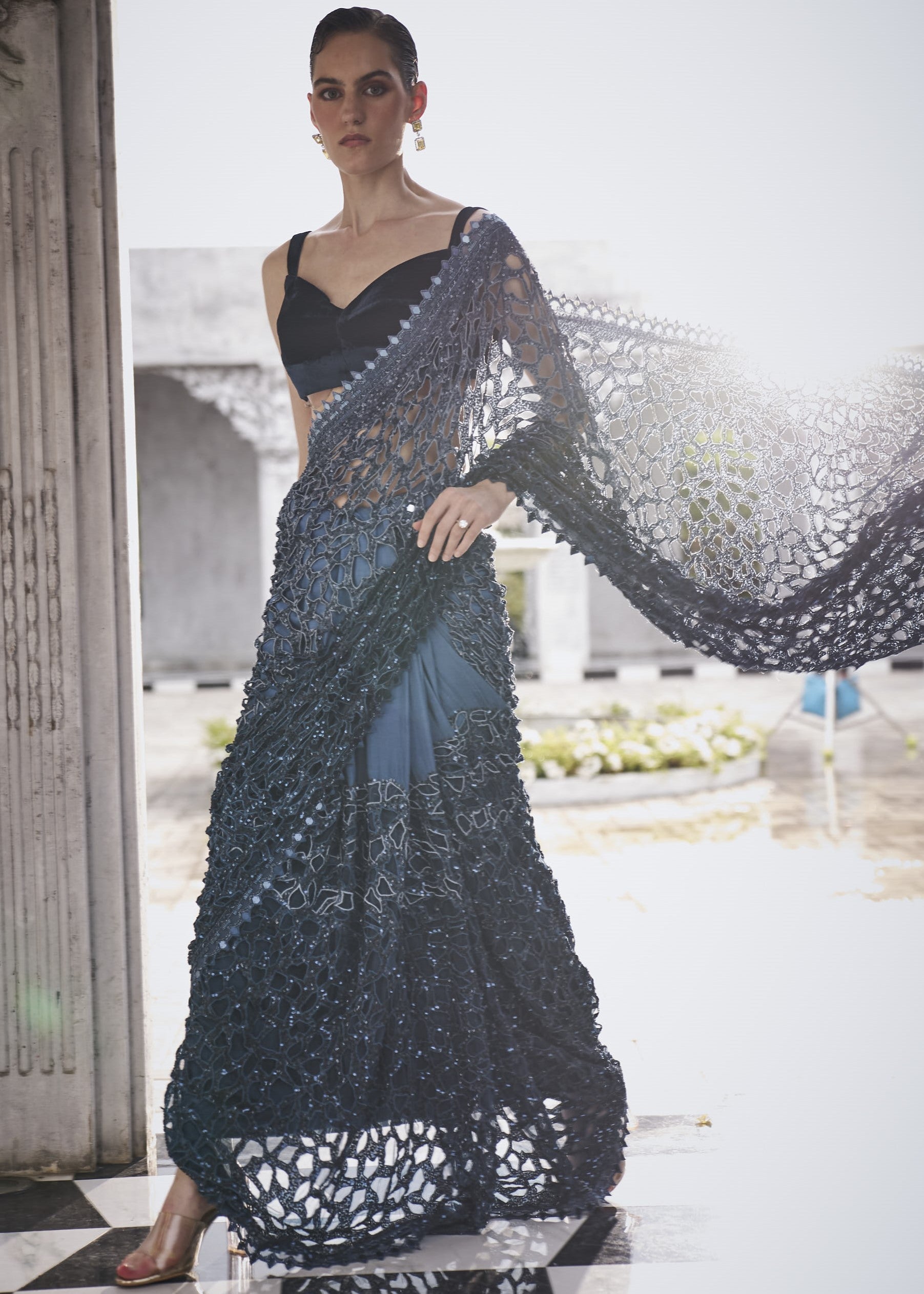 Blue Ombre Cutwork Sari