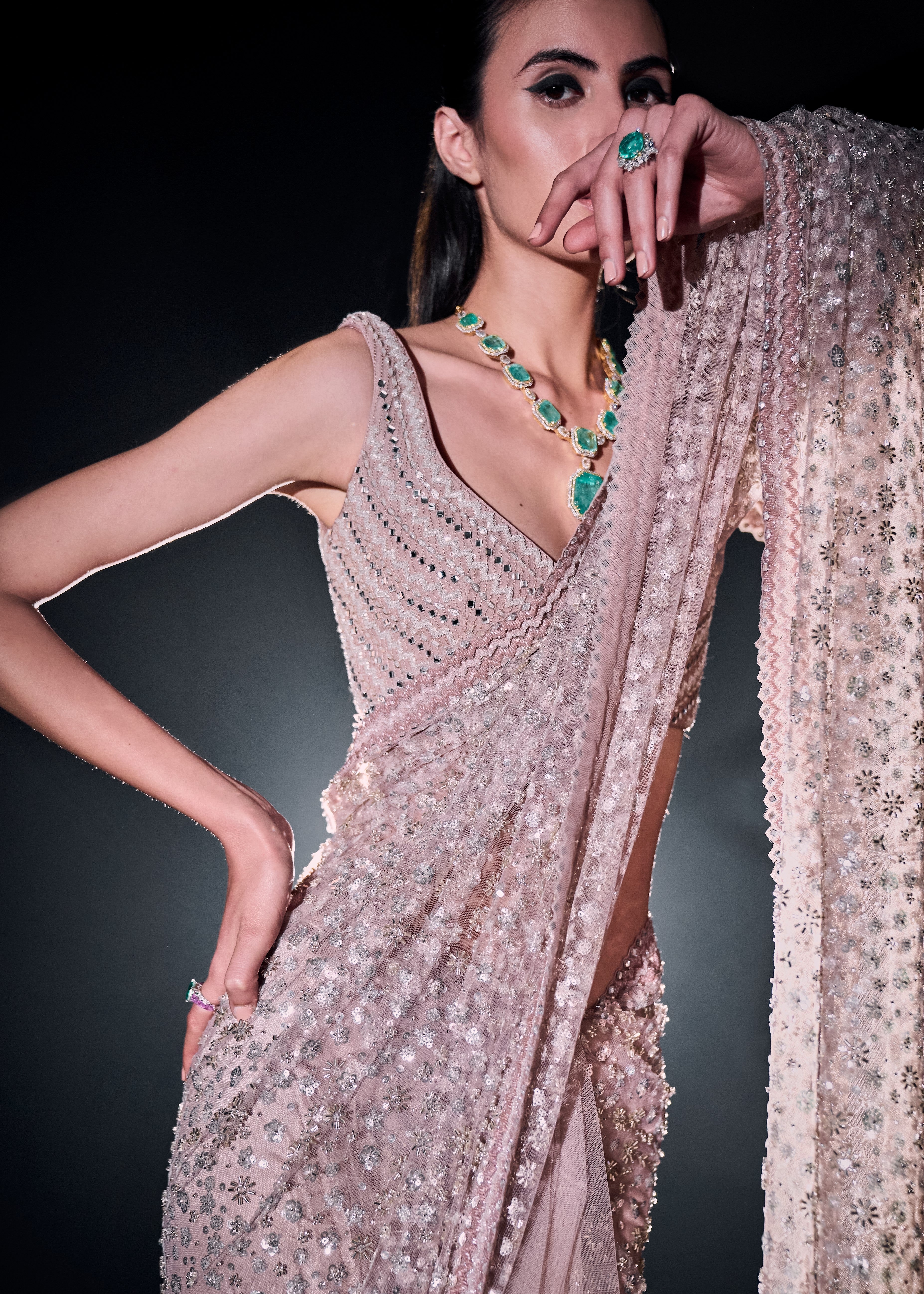 Blush Pink Sequins And Cutdana Sari