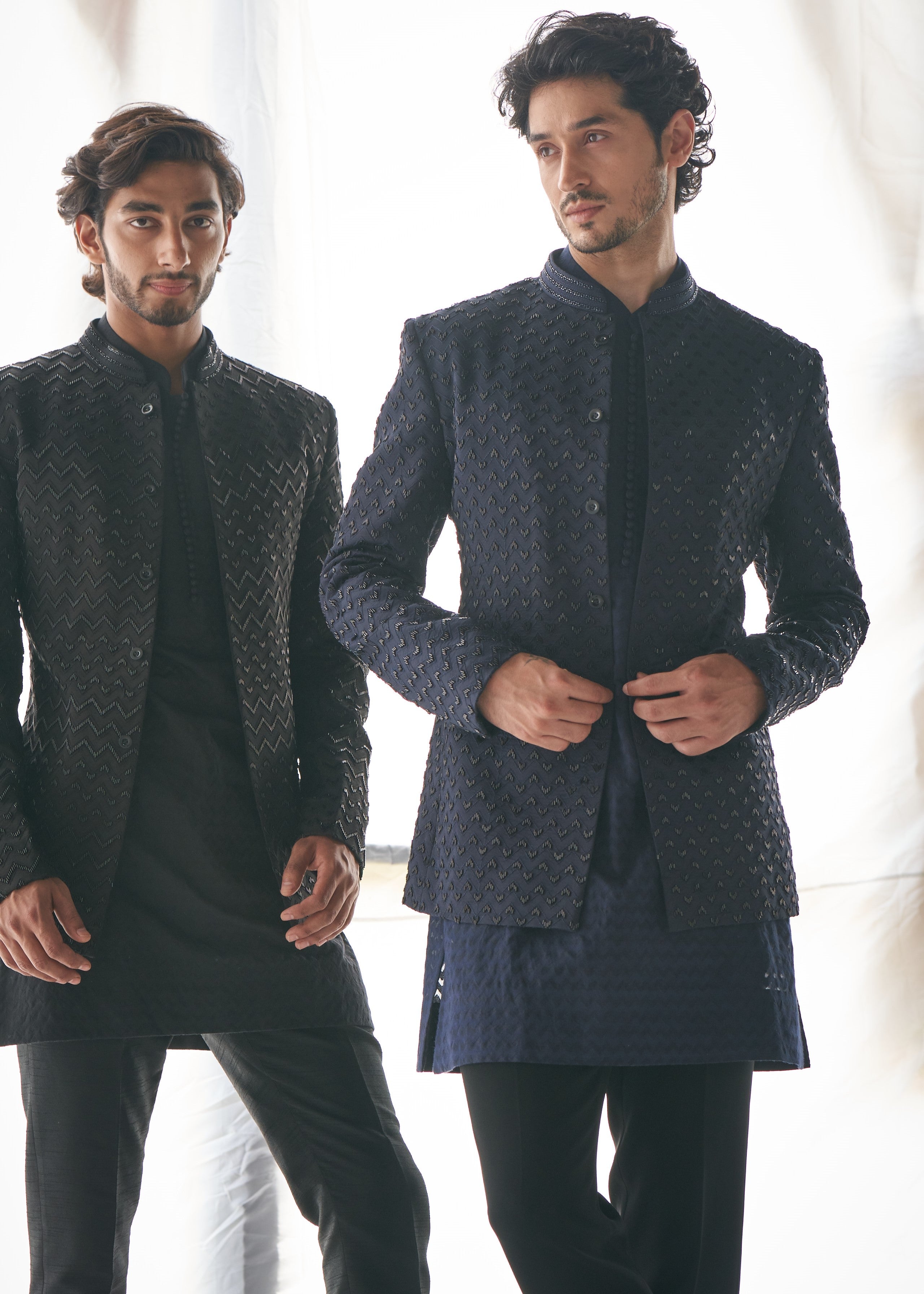 Navy Blue Chevron Bandhgala