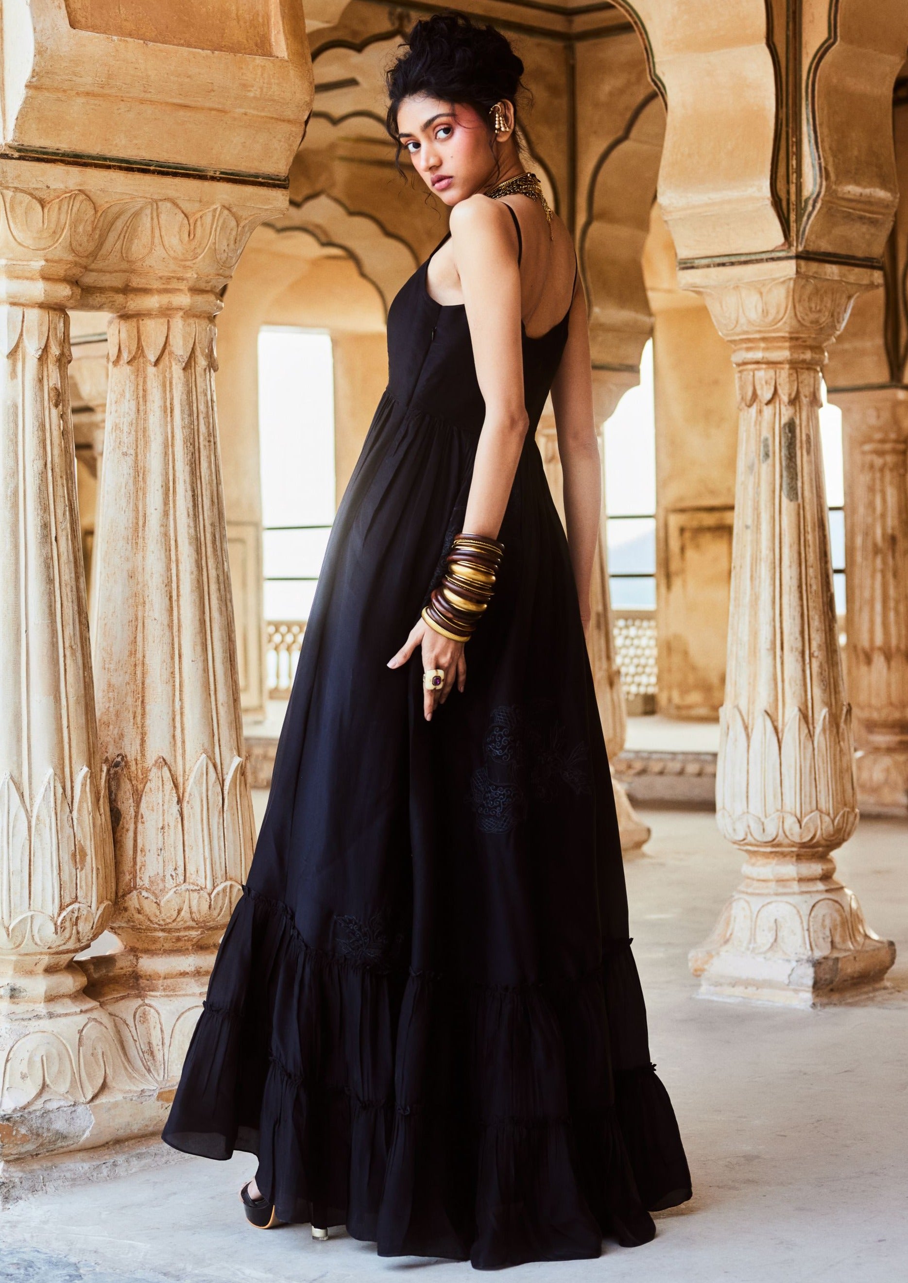 Black Silk Organza Noodle Strap Maxi Dress